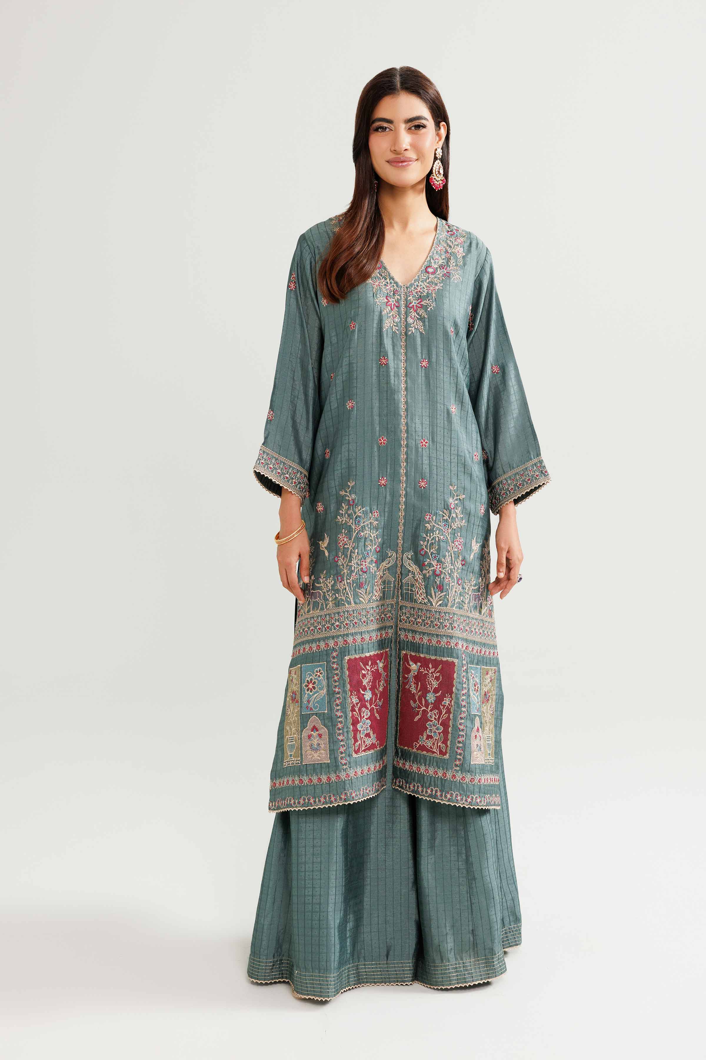 2 Piece - Embroidered Suit - KFW25-93 READY TO WEAR - LUXURY Grey Chiffon 2PC Embroidered