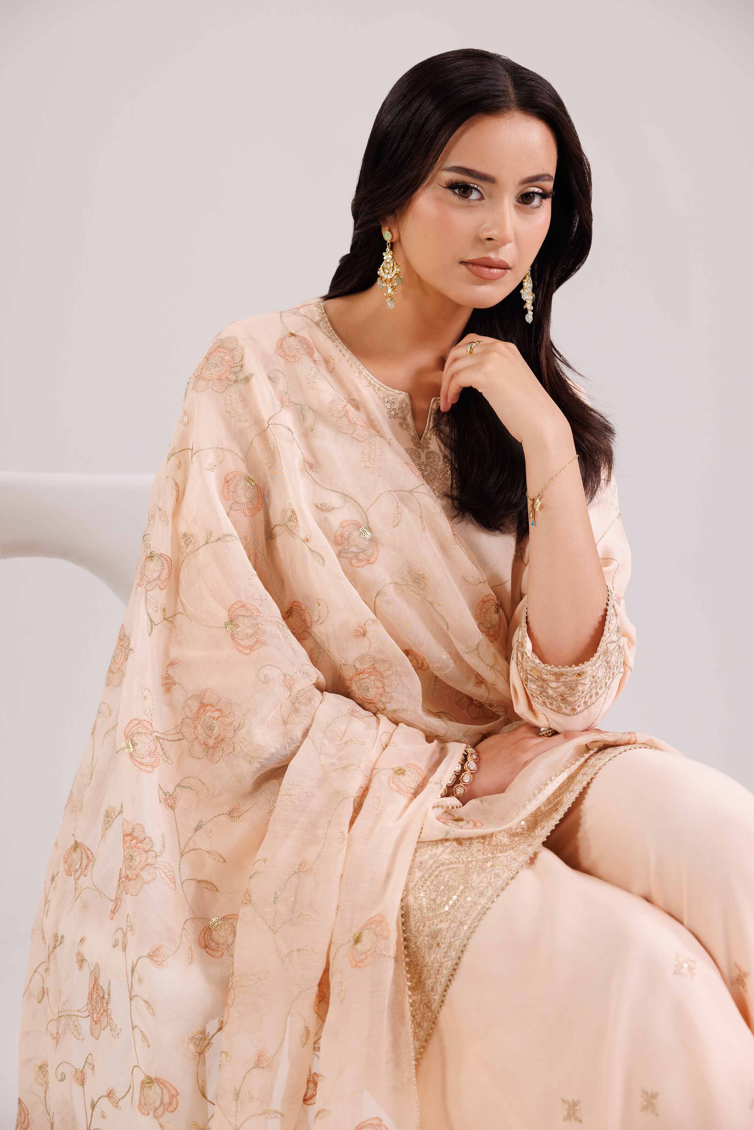3 Piece - Embroidered Suit - KFW25-94 READY TO WEAR - LUXURY Orange Silk 3PC Embroidered