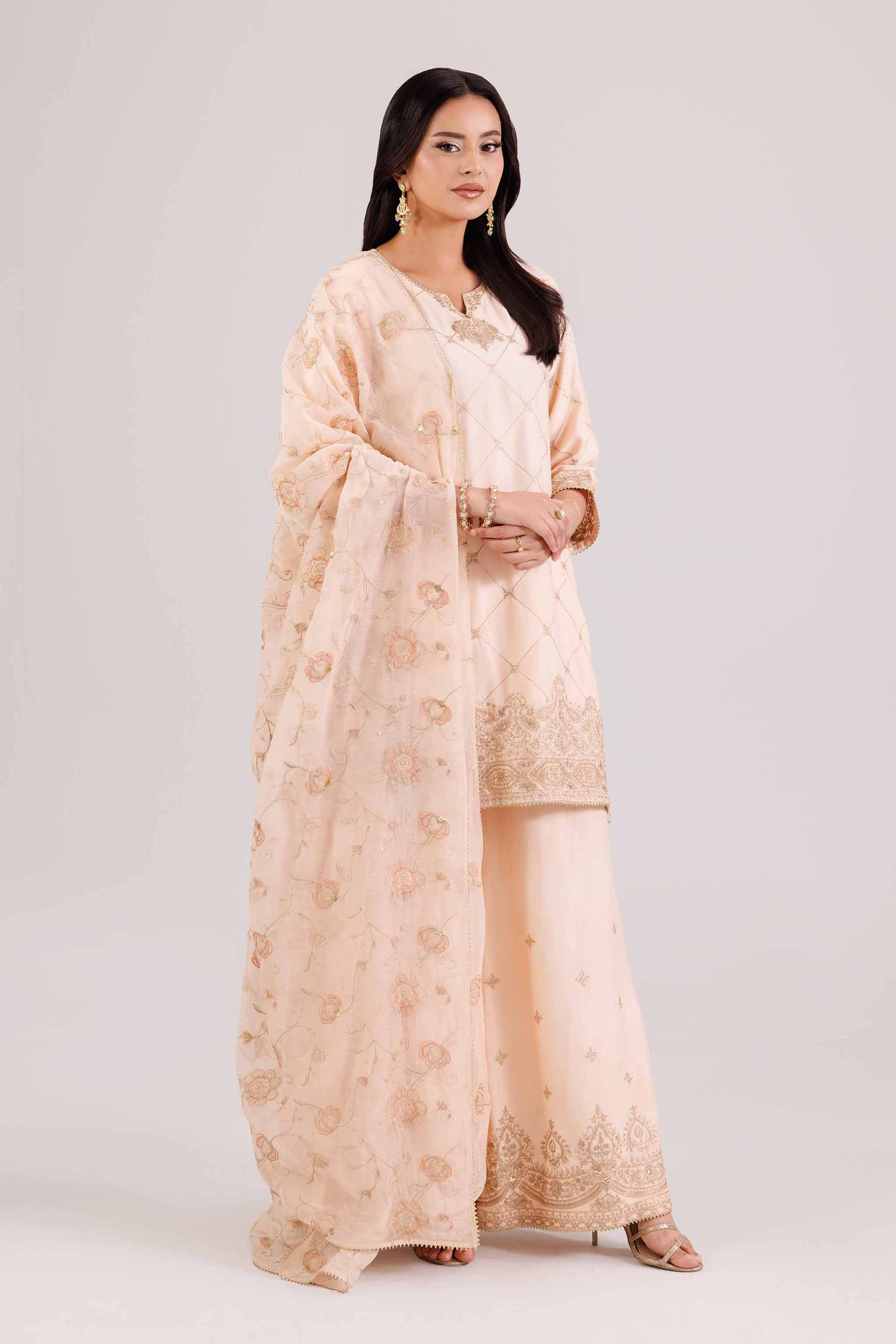 3 Piece - Embroidered Suit - KFW25-94 READY TO WEAR - LUXURY Orange Silk 3PC Embroidered