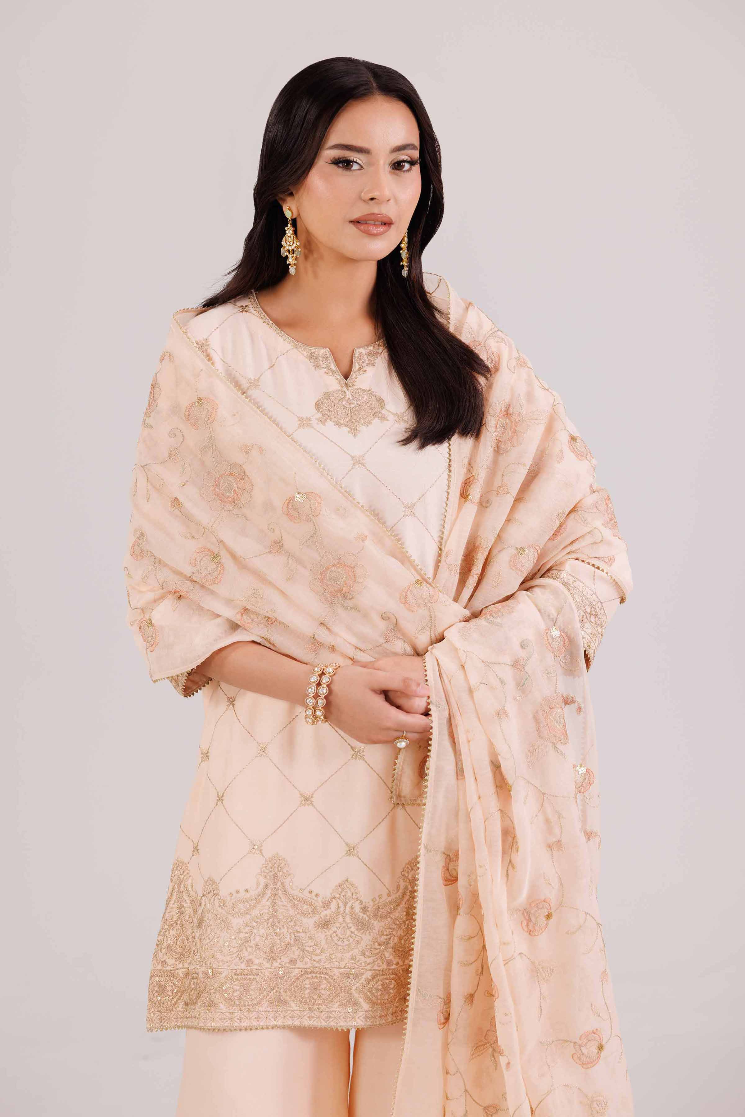 3 Piece - Embroidered Suit - KFW25-94 READY TO WEAR - LUXURY Orange Silk 3PC Embroidered
