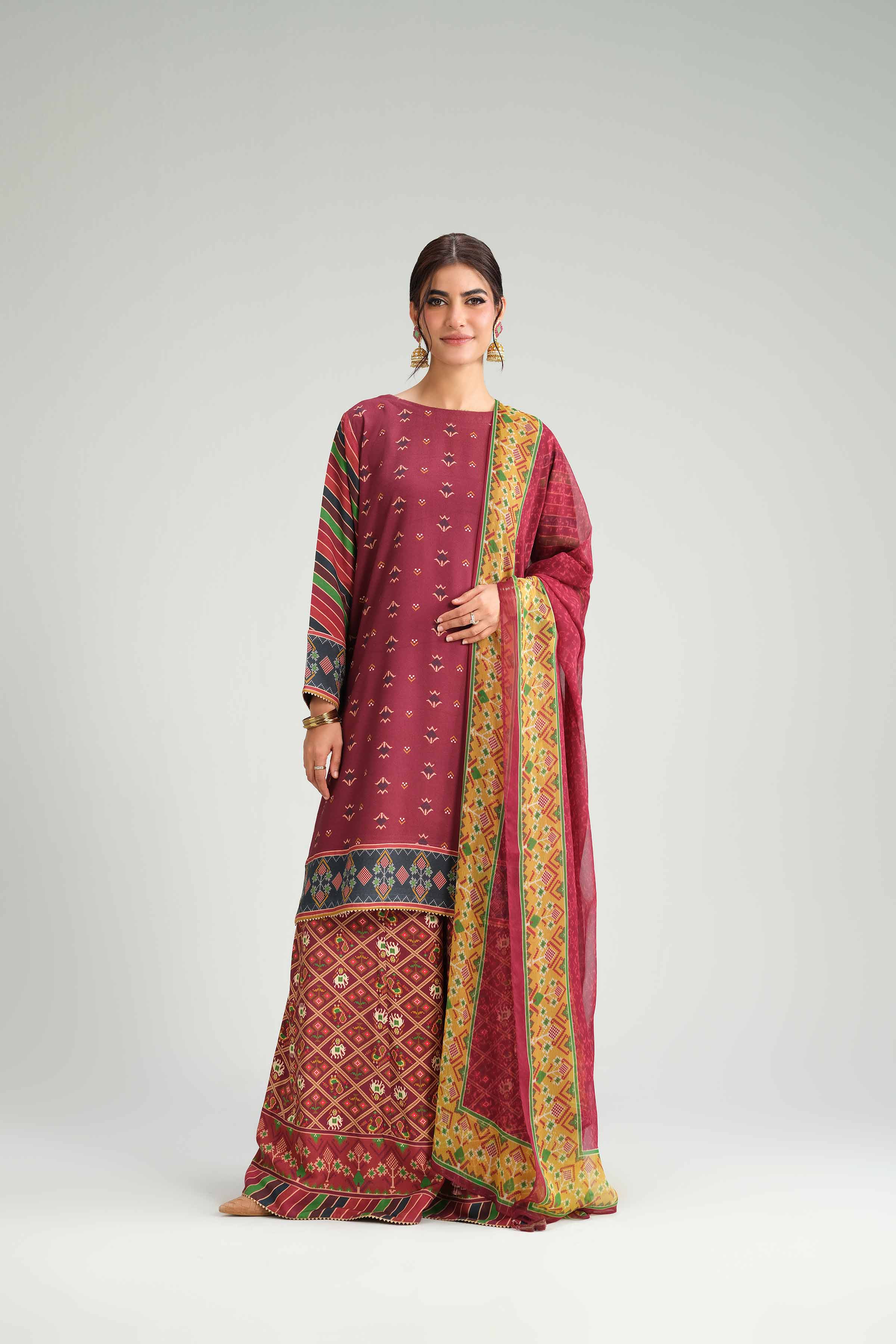 3 Piece - Printed Suit - KFW25-96 READY TO WEAR - LUXURY Red Silk 3PC Printed