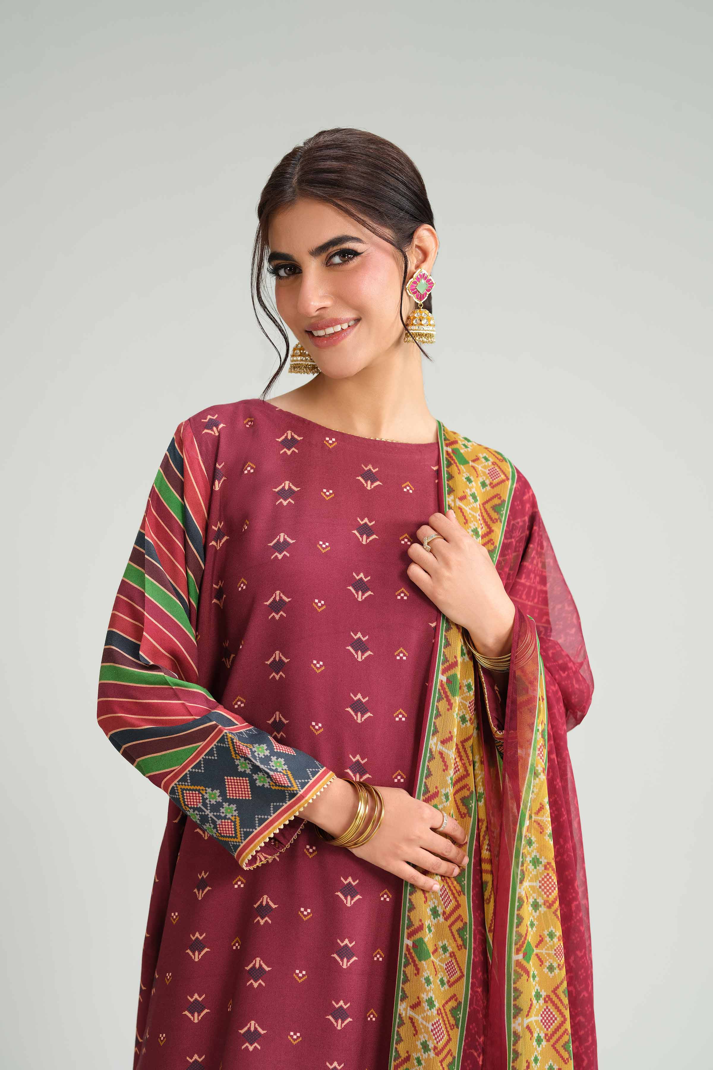 3 Piece - Printed Suit - KFW25-96 READY TO WEAR - LUXURY Red Silk 3PC Printed