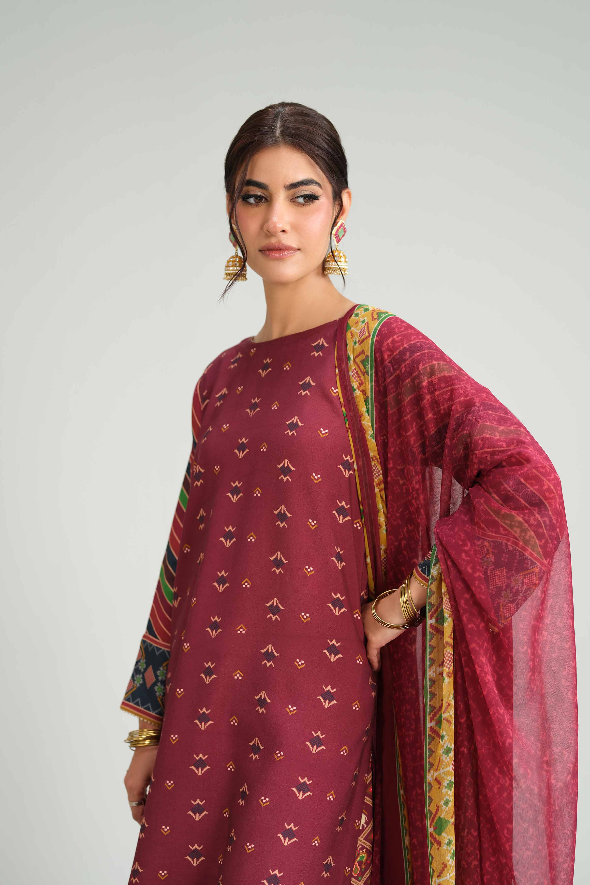 3 Piece - Printed Suit - KFW25-96 READY TO WEAR - LUXURY Red Silk 3PC Printed
