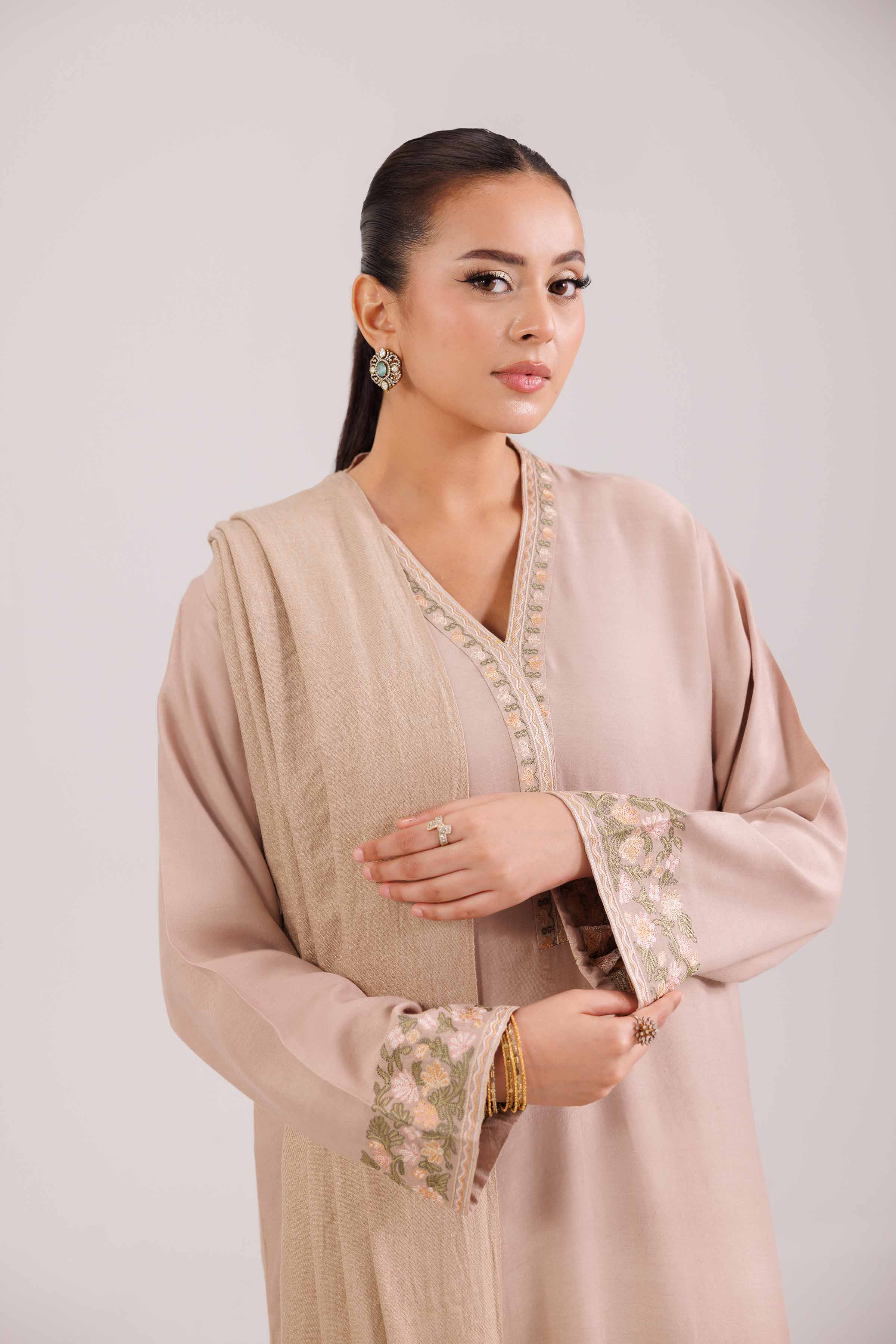3 Piece - Embroidered Suit - KFW25-97 READY TO WEAR - LUXURY Brown Silk 3PC Embroidered