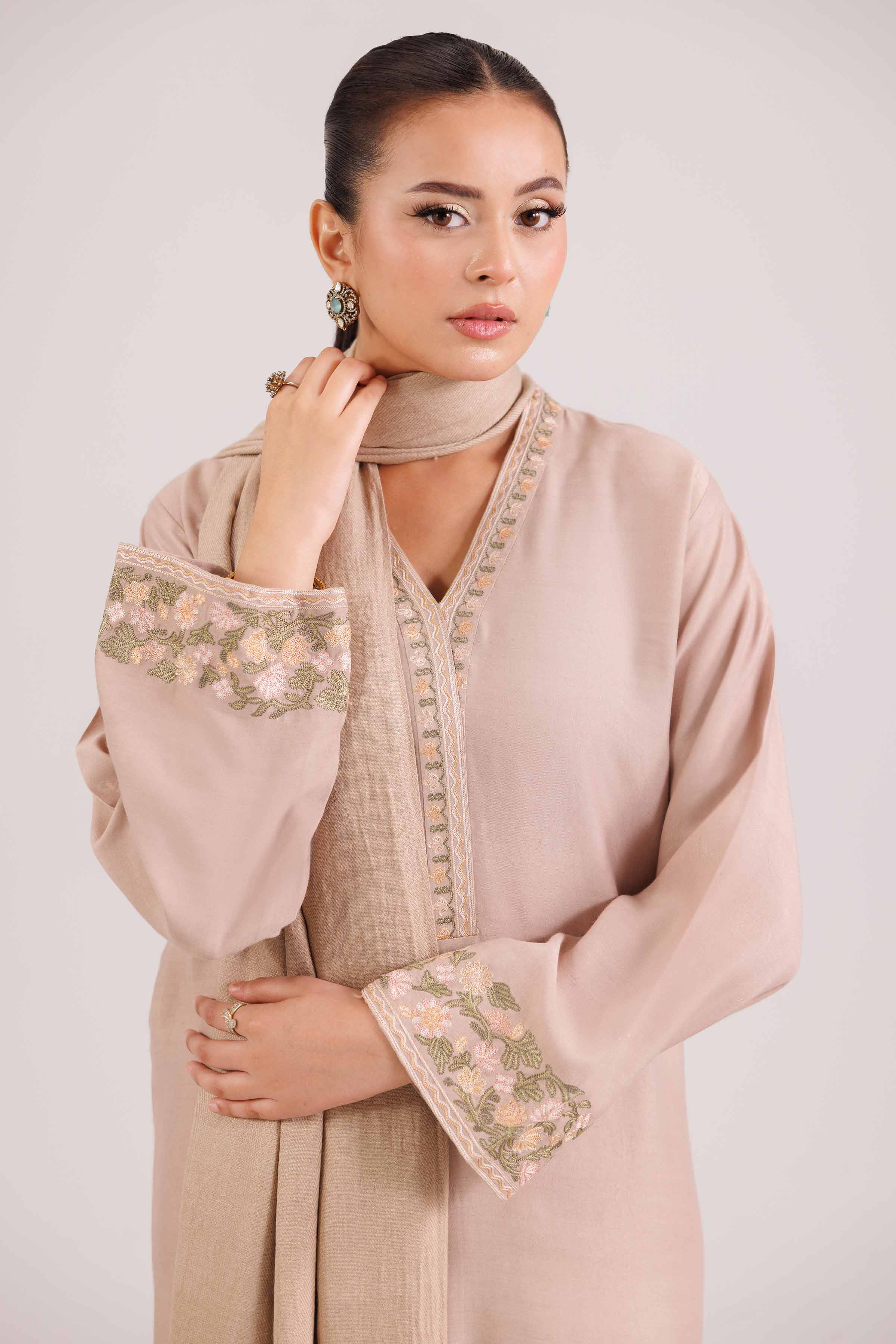 3 Piece - Embroidered Suit - KFW25-97 READY TO WEAR - LUXURY Brown Silk 3PC Embroidered