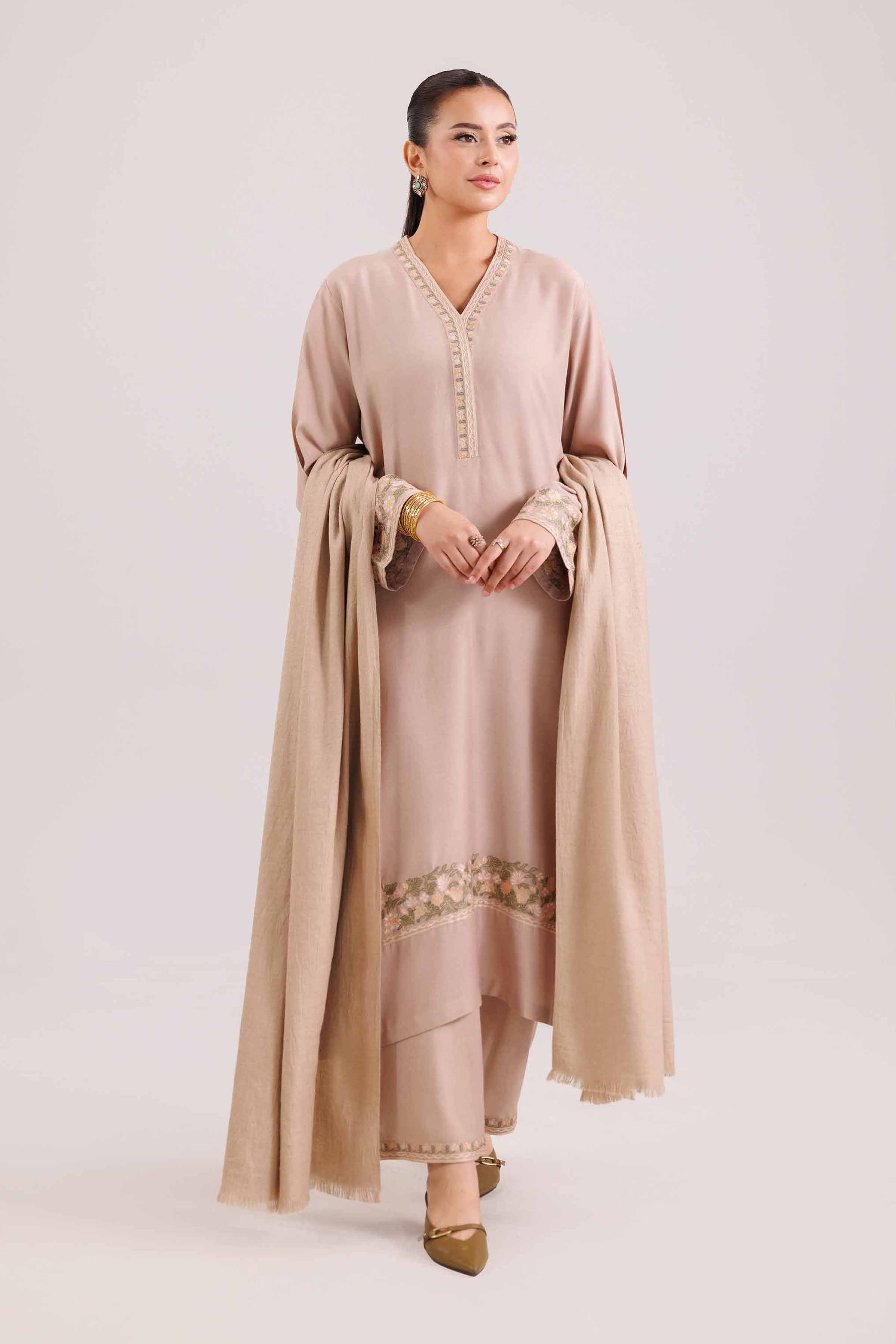 3 Piece - Embroidered Suit - KFW25-97 READY TO WEAR - LUXURY Brown Silk 3PC Embroidered