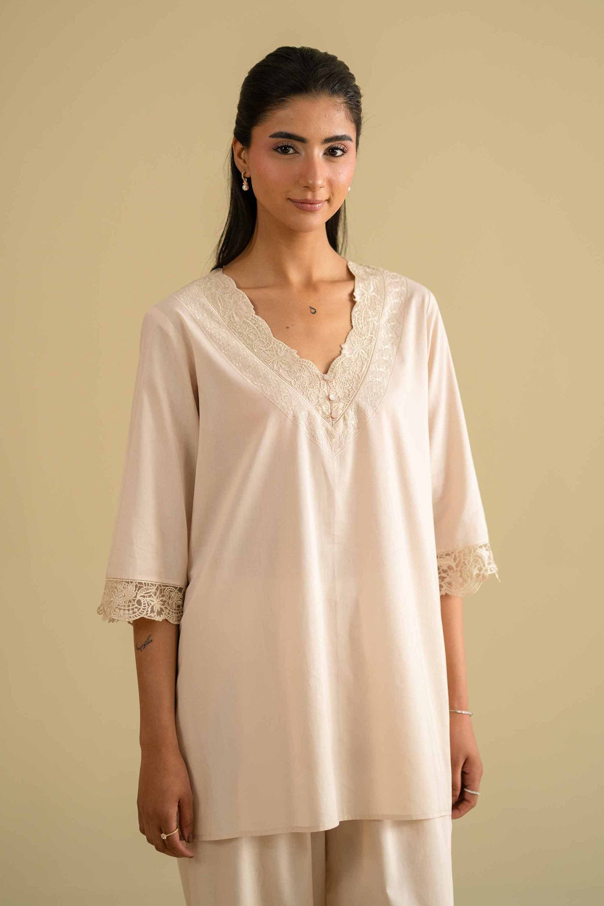 2 Piece - Embroidered Loungewear - KLS26-07Beige Cambric 2PC Embroidered Nishat Australia