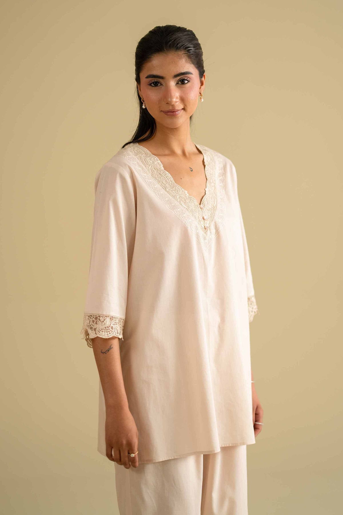 2 Piece - Embroidered Loungewear - KLS26-07Beige Cambric 2PC Embroidered Nishat Australia