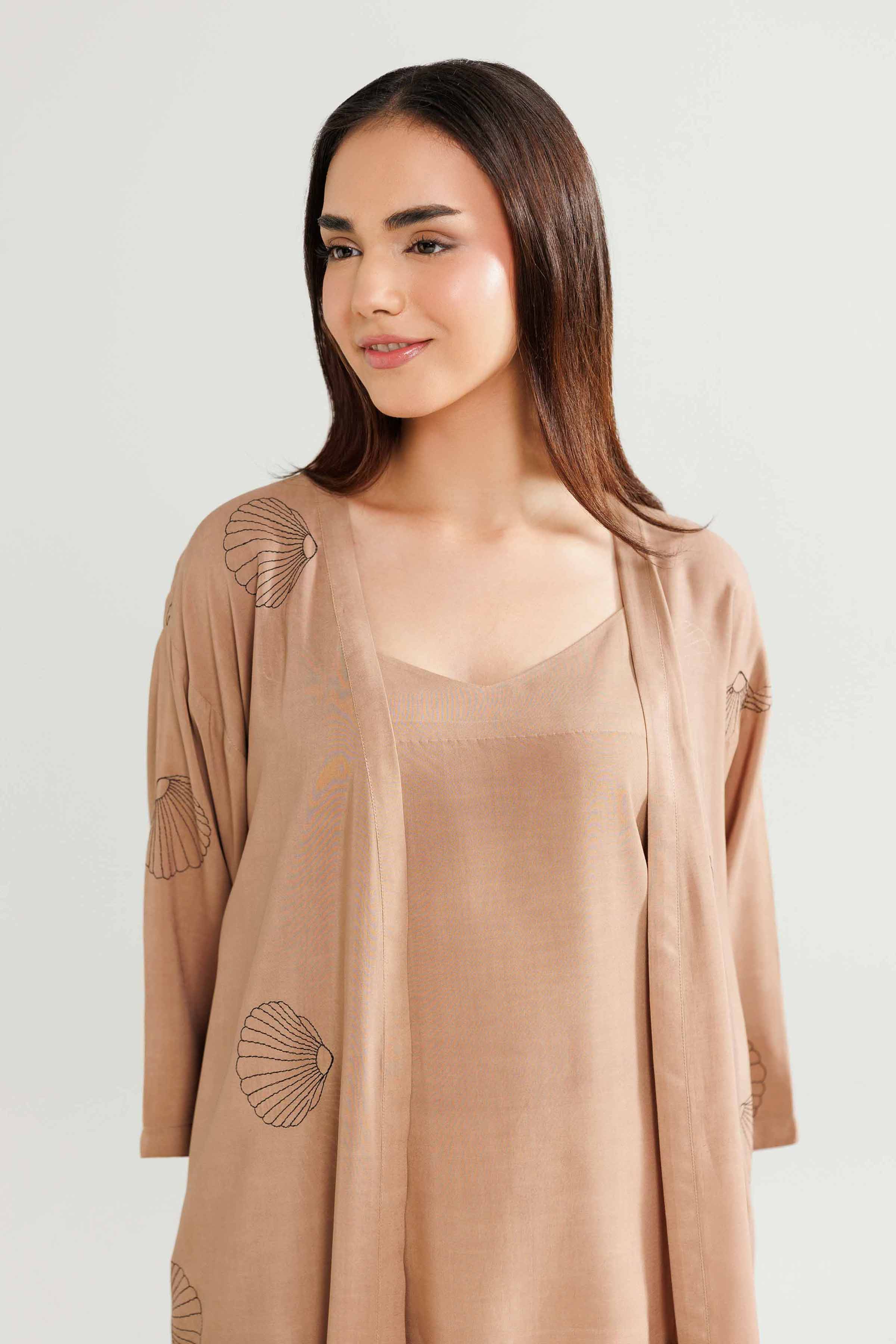 3 Piece - Embroidered Loungewear - KLW25-04 READY TO WEAR - LUXURY Brown Linen 3PC Embroidered