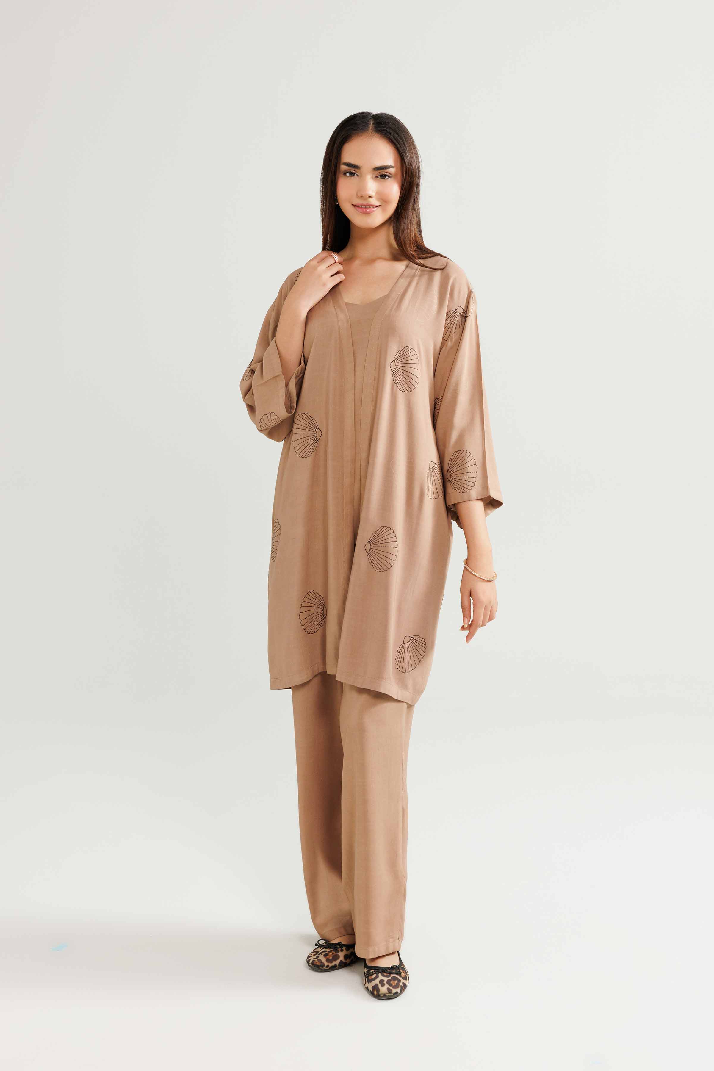 3 Piece - Embroidered Loungewear - KLW25-04 READY TO WEAR - LUXURY Brown Linen 3PC Embroidered