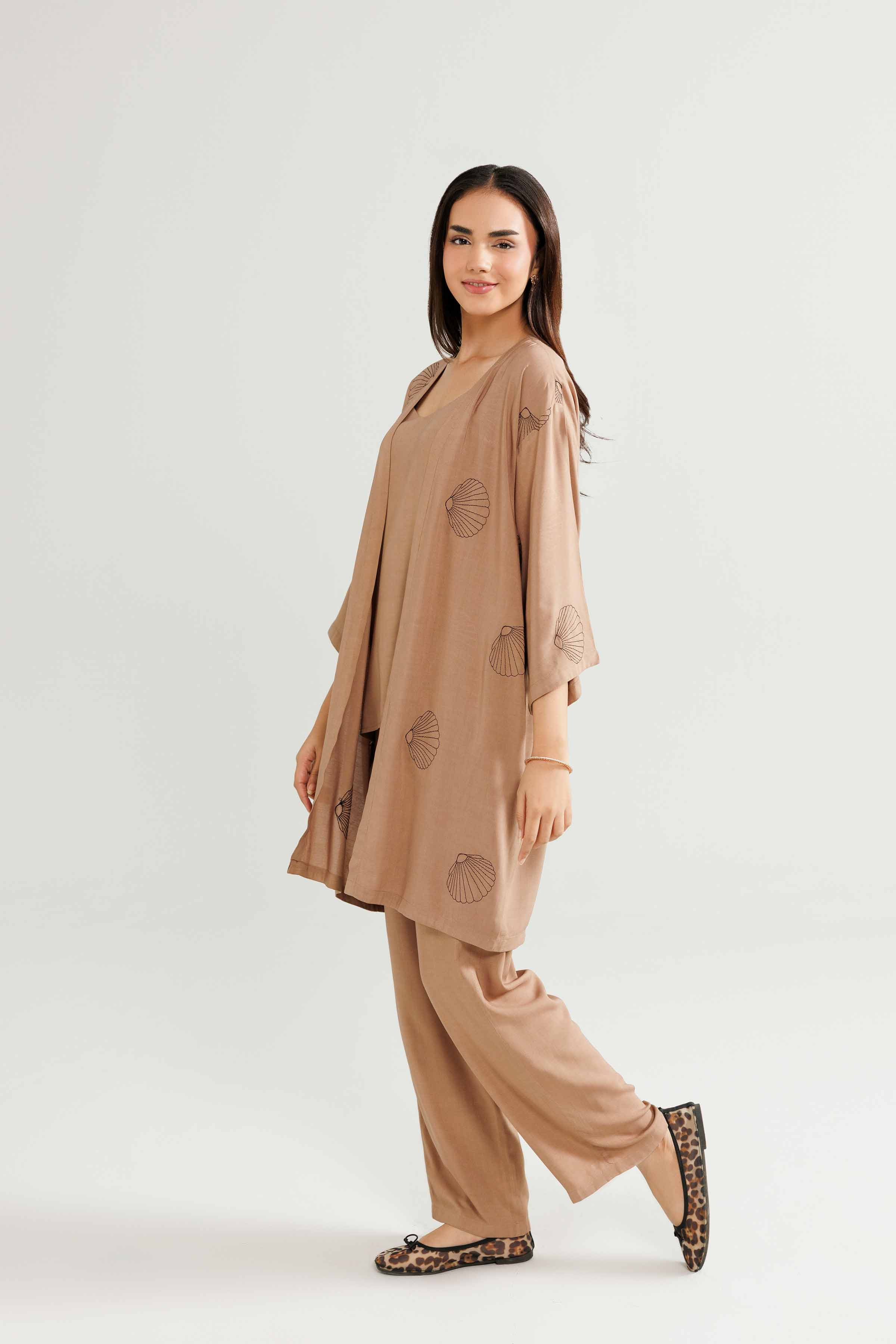 3 Piece - Embroidered Loungewear - KLW25-04 READY TO WEAR - LUXURY Brown Linen 3PC Embroidered