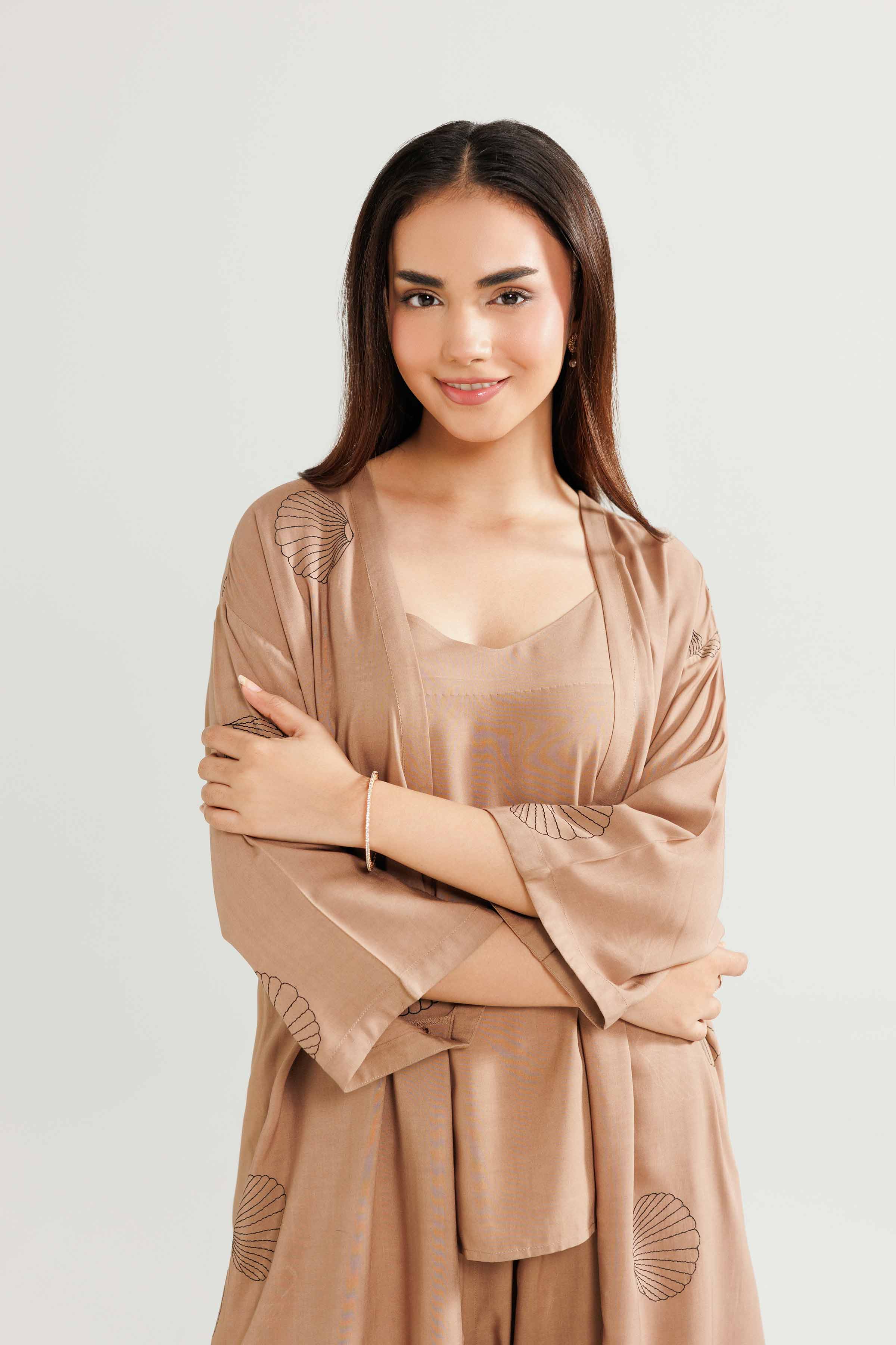 3 Piece - Embroidered Loungewear - KLW25-04 READY TO WEAR - LUXURY Brown Linen 3PC Embroidered