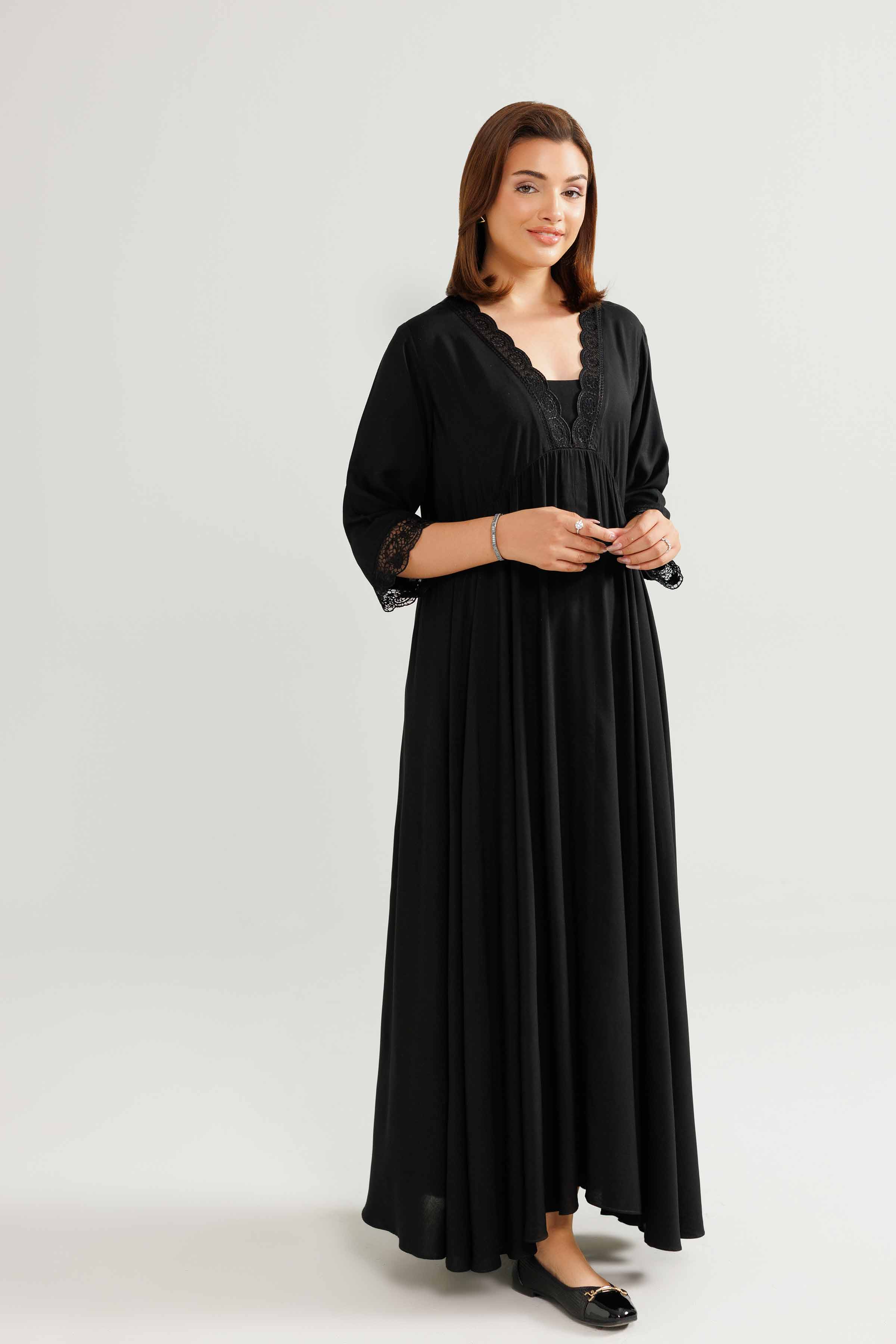 Embroidered Gown Loungewear - KLW25-05 READY TO WEAR - LUXURY Black Linen 1PC Embroidered