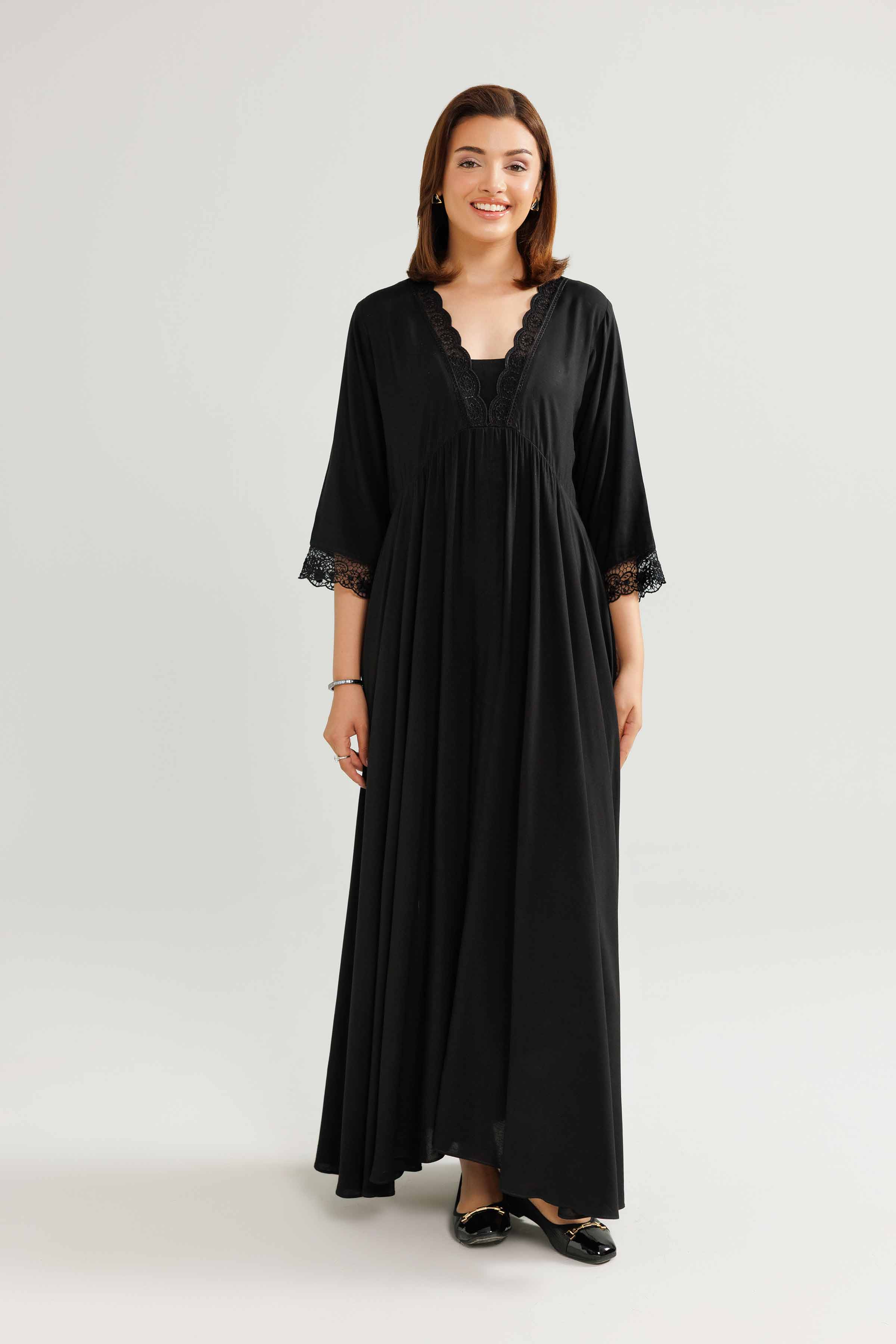 Embroidered Gown Loungewear - KLW25-05 READY TO WEAR - LUXURY Black Linen 1PC Embroidered