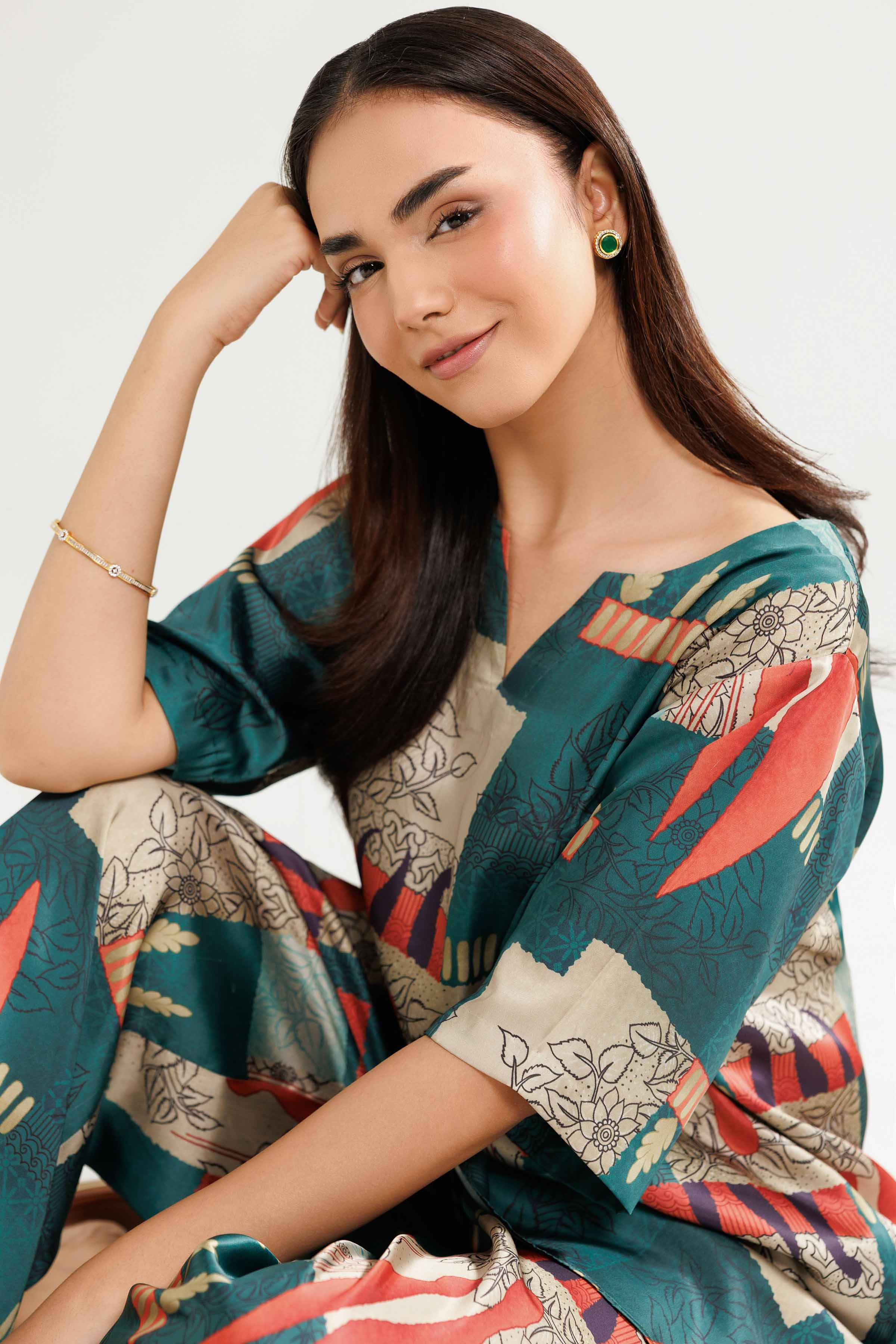 2 Piece - Printed Loungewear - KLW25-06 READY TO WEAR Green Silk 2PC Solids