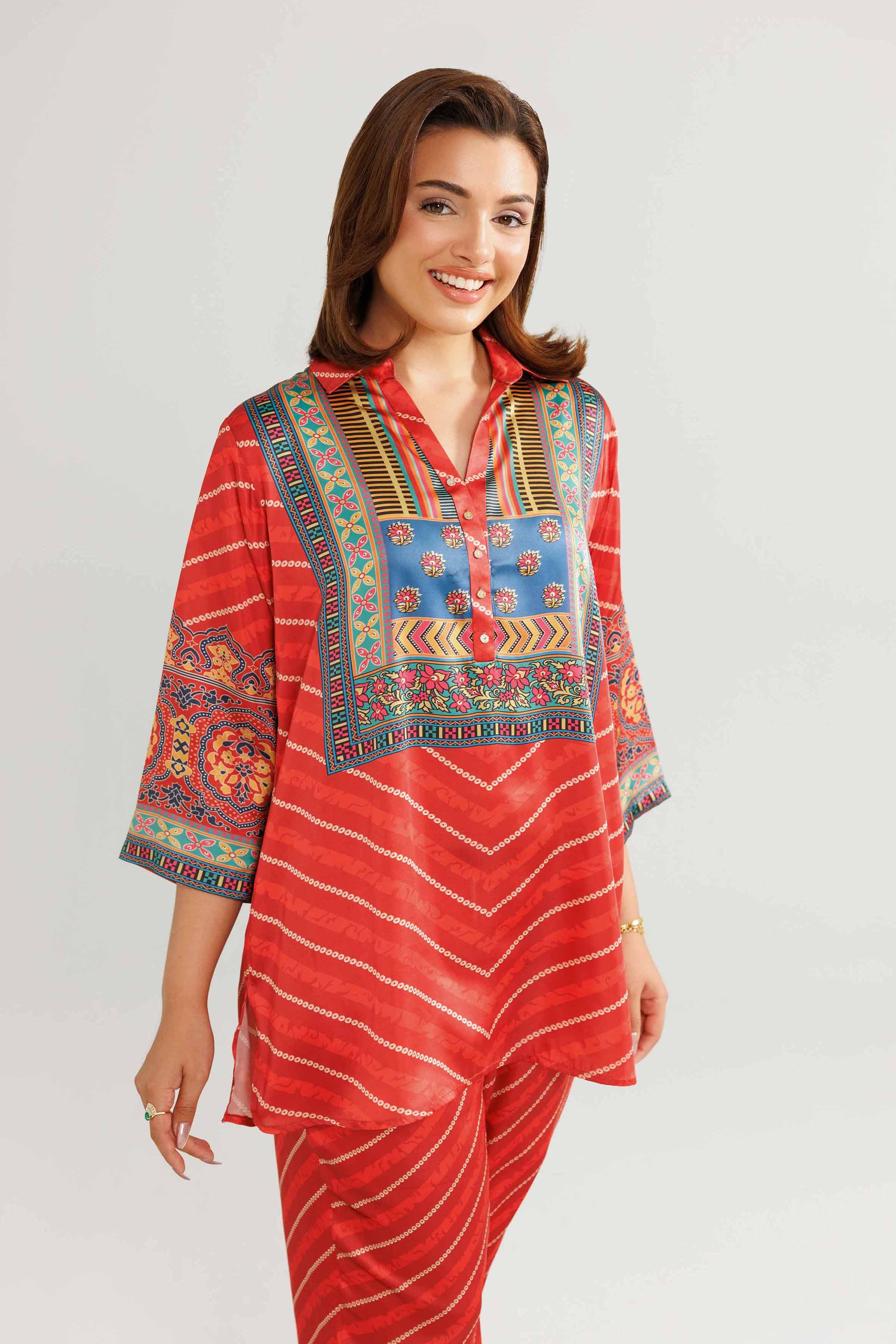 2 Piece - Printed Loungewear - KLW25-08 READY TO WEAR Red Silk 2PC Printed