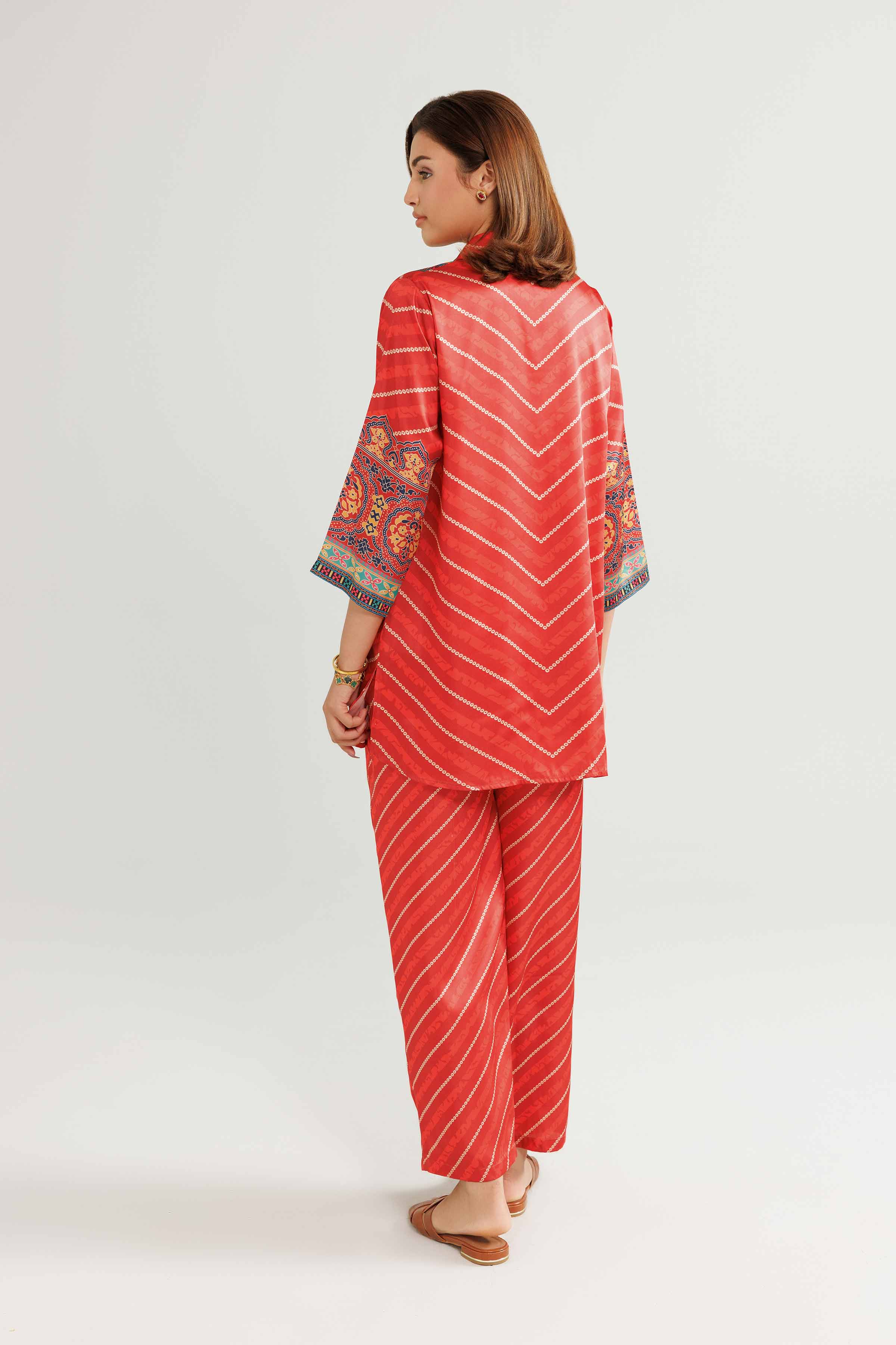 2 Piece - Printed Loungewear - KLW25-08 READY TO WEAR Red Silk 2PC Printed