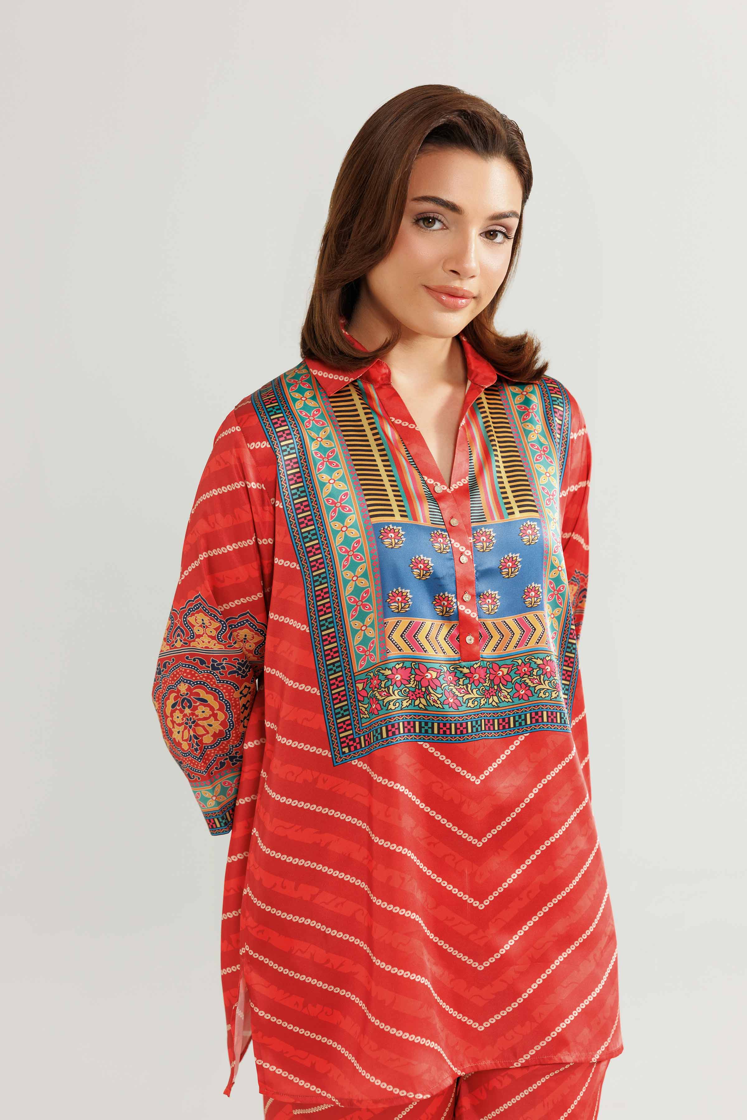2 Piece - Printed Loungewear - KLW25-08 READY TO WEAR Red Silk 2PC Printed