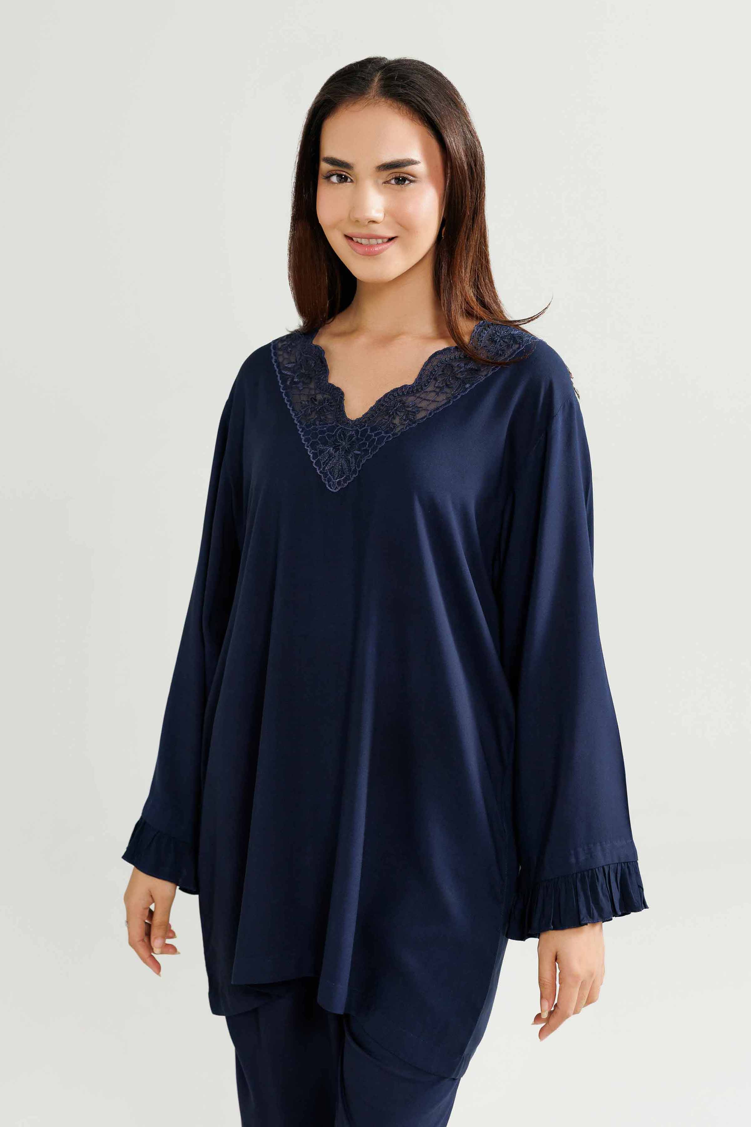 2 Piece - Embroidered Loungewear - KLW25-13 READY TO WEAR - LUXURY Blue Linen 2PC Embroidered