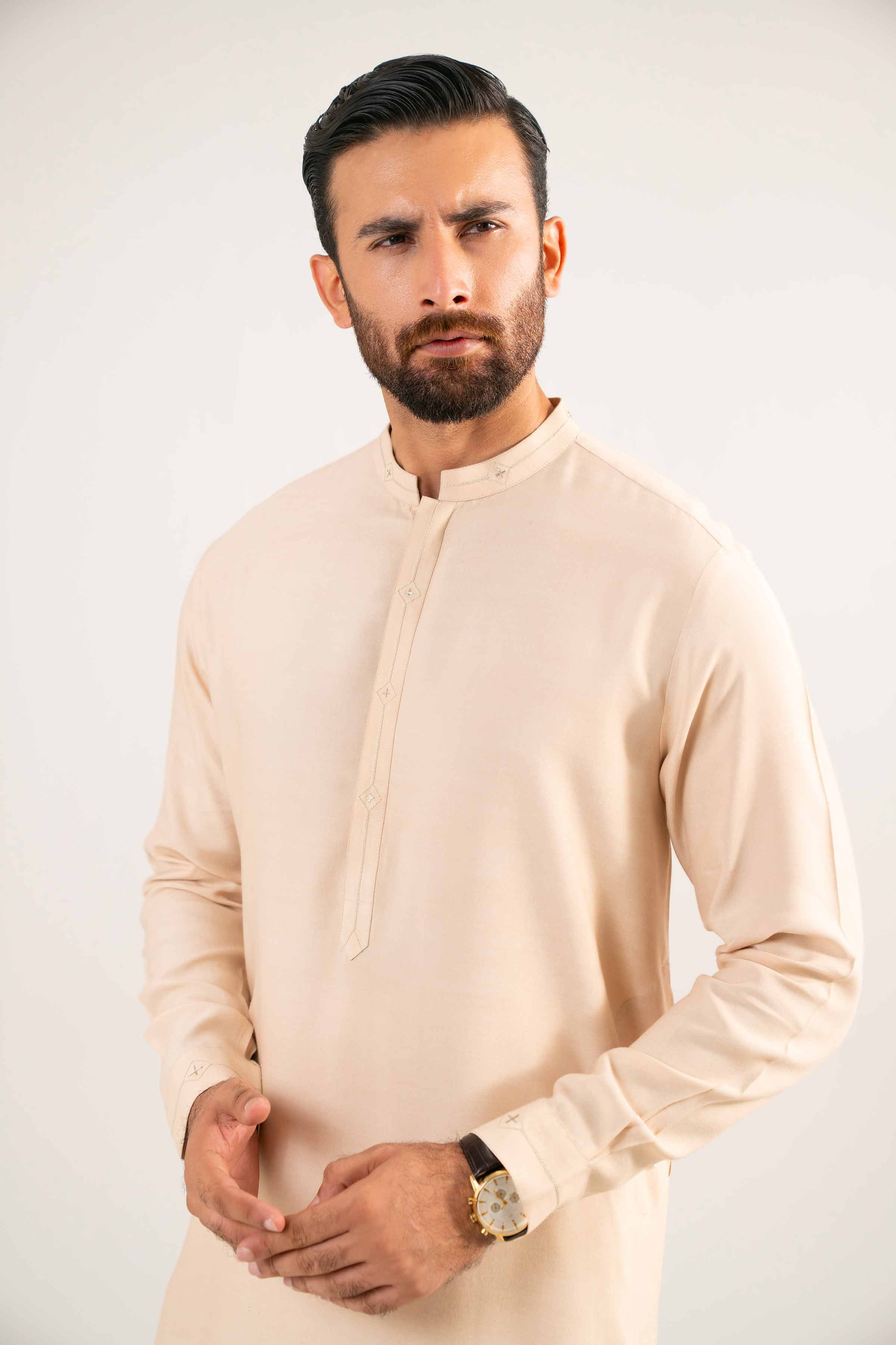 2 Piece - Basic Suit - KNW25-02 Ready To Wear Beige Oak Silk 2PC Non-Embroidered