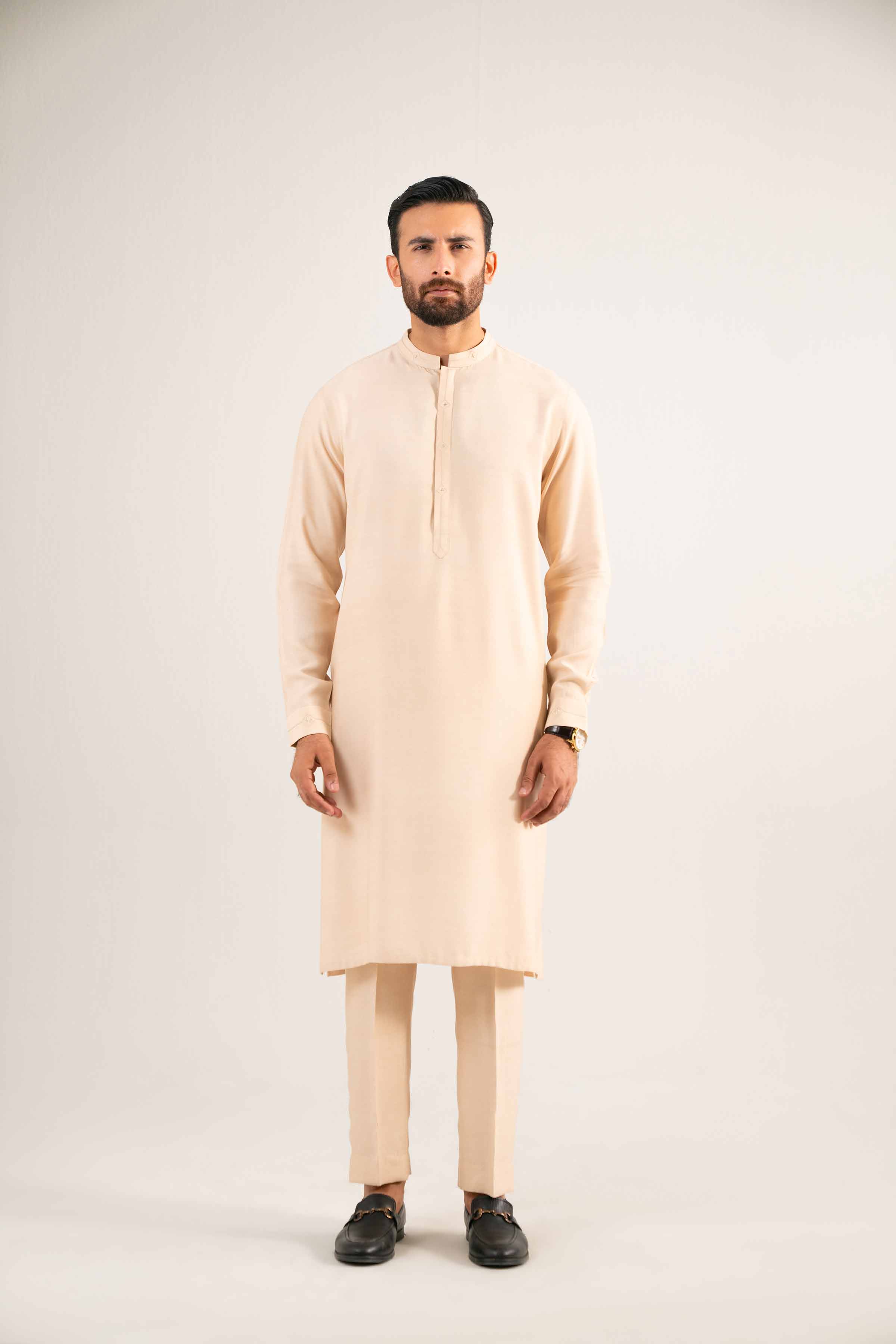 2 Piece - Basic Suit - KNW25-02 Ready To Wear Beige Oak Silk 2PC Non-Embroidered