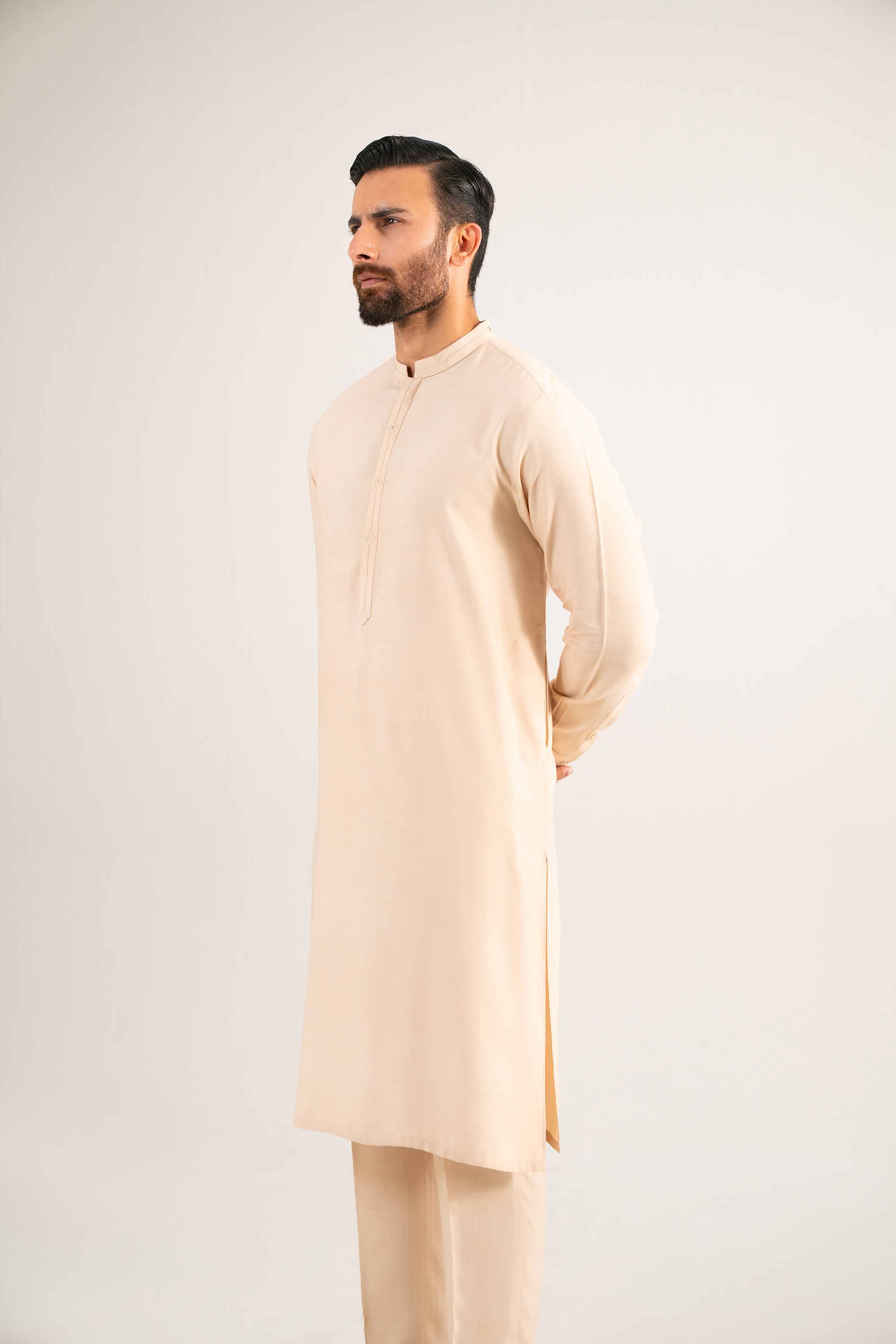 2 Piece - Basic Suit - KNW25-02 Ready To Wear Beige Oak Silk 2PC Non-Embroidered
