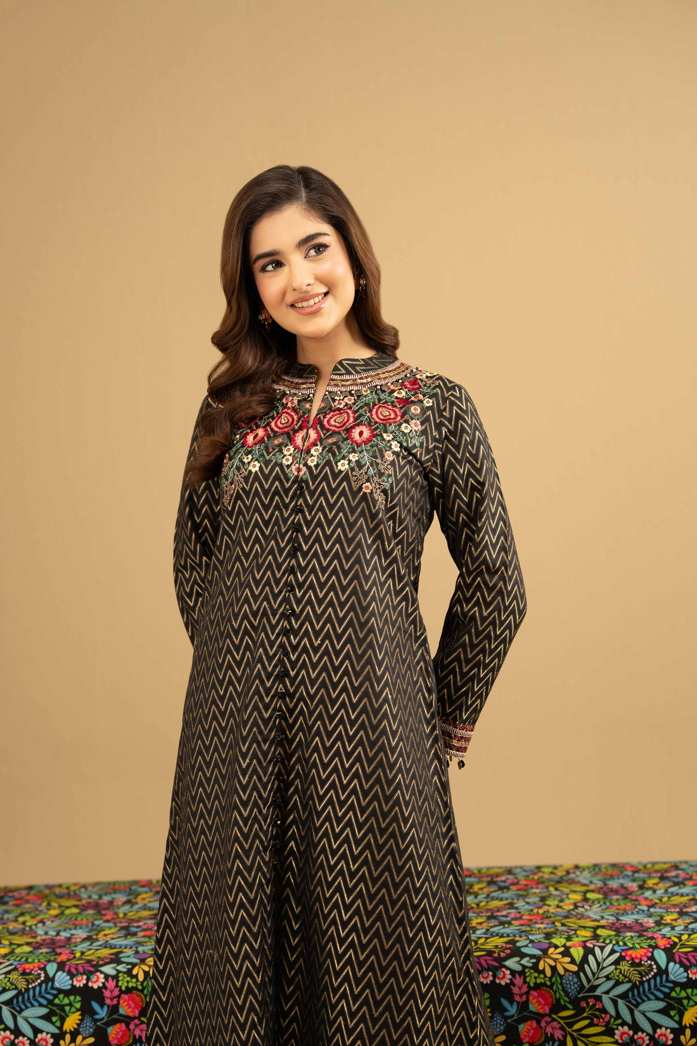 Embroidered Shirt - PE25-348 READY TO WEAR Black Jacquard 1PC Embroidered