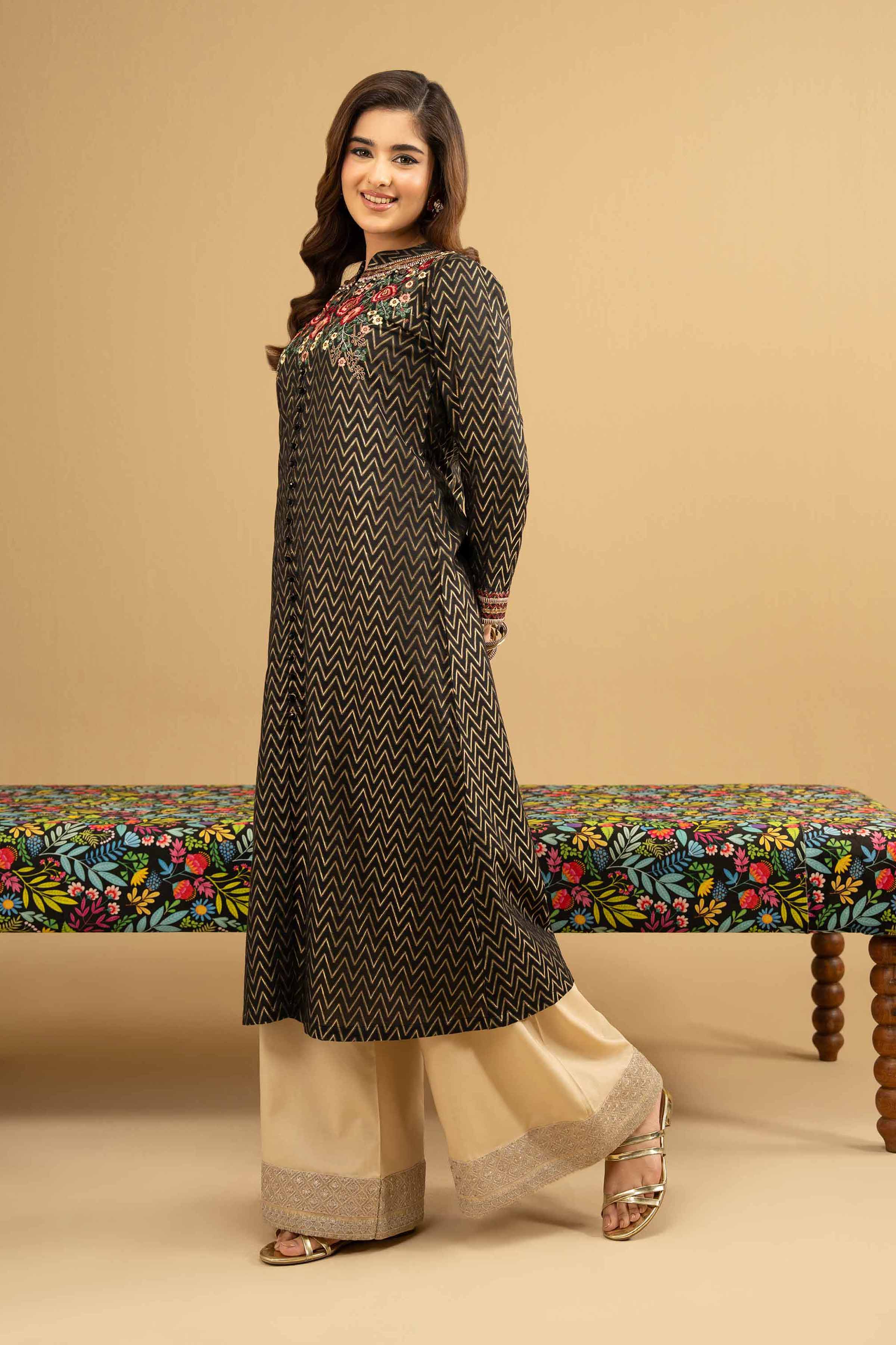 Embroidered Shirt - PE25-348 READY TO WEAR Black Jacquard 1PC Embroidered