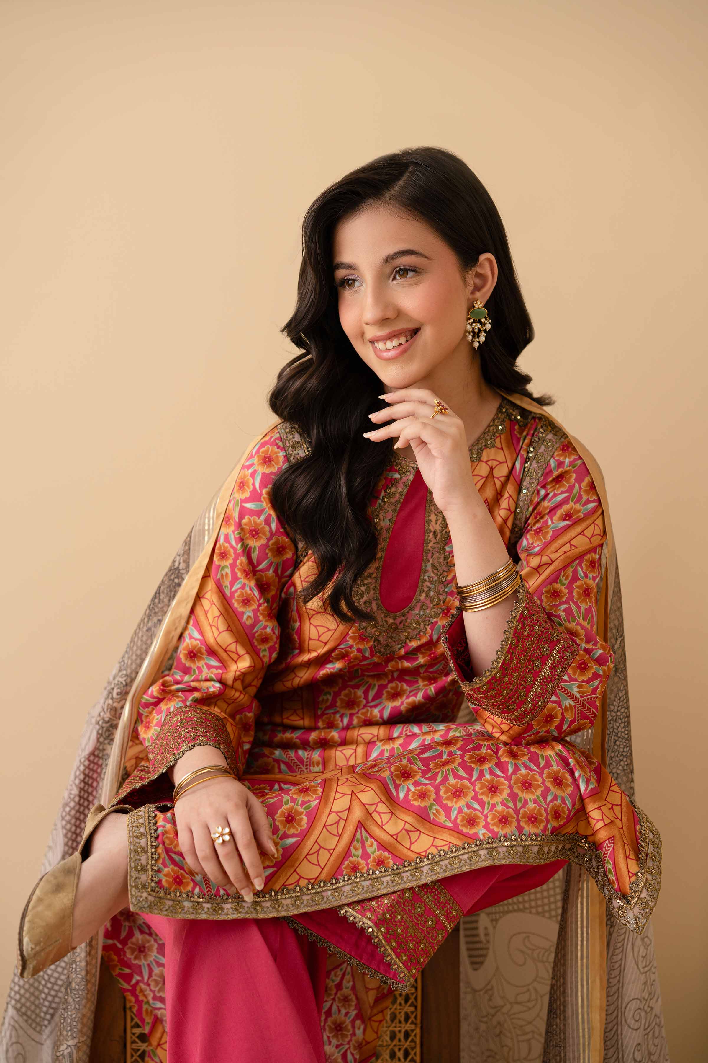 3 Piece - Printed Embroidered Suit - PE25-377 READY TO WEAR Multi Satin 3PC Embroidered