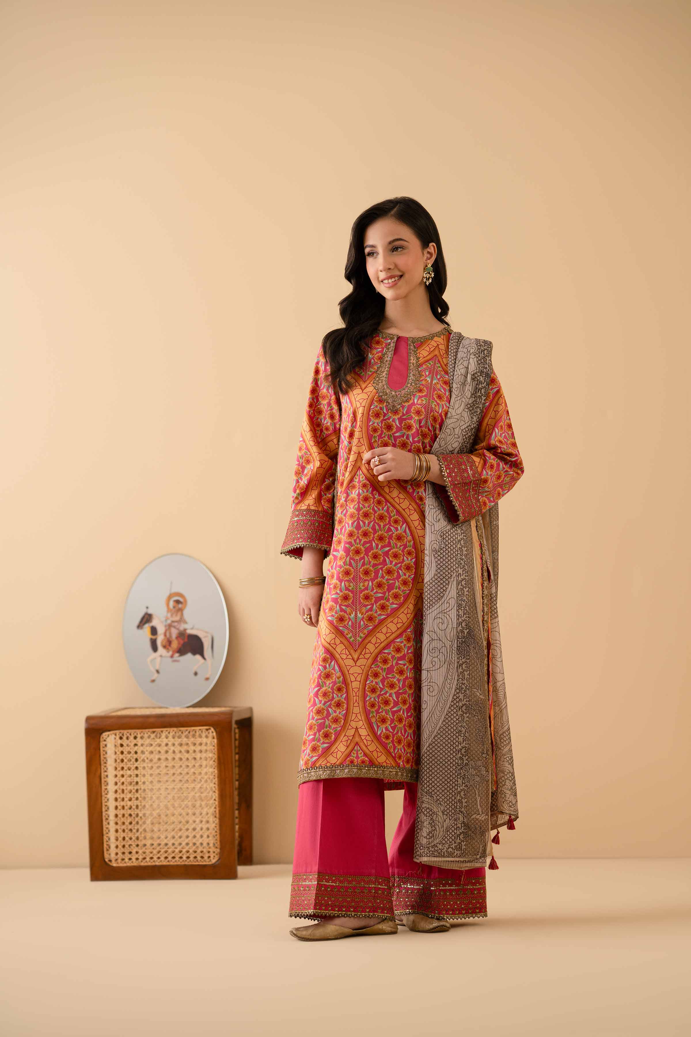 3 Piece - Printed Embroidered Suit - PE25-377 READY TO WEAR Multi Satin 3PC Embroidered