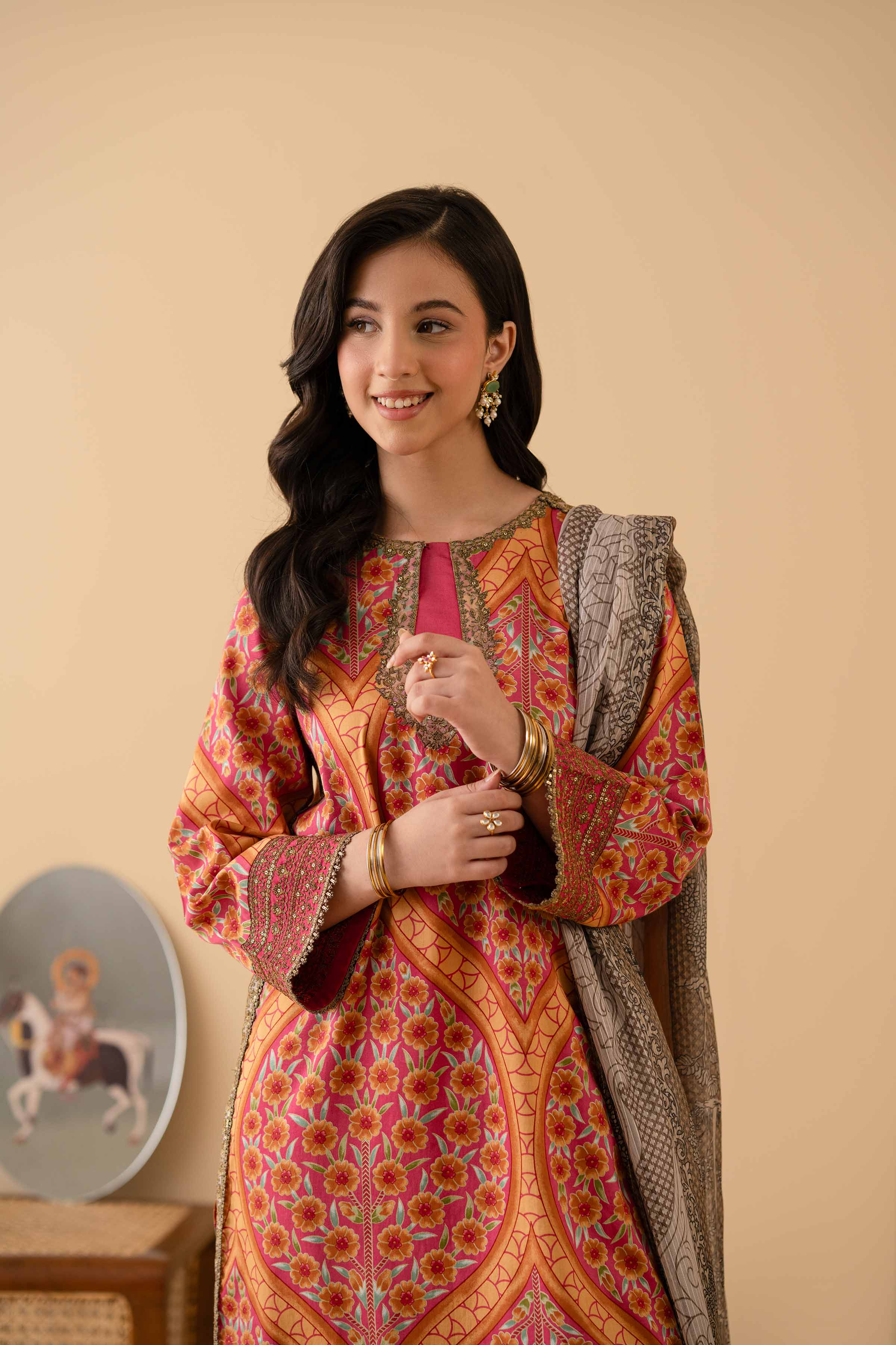 3 Piece - Printed Embroidered Suit - PE25-377 READY TO WEAR Multi Satin 3PC Embroidered