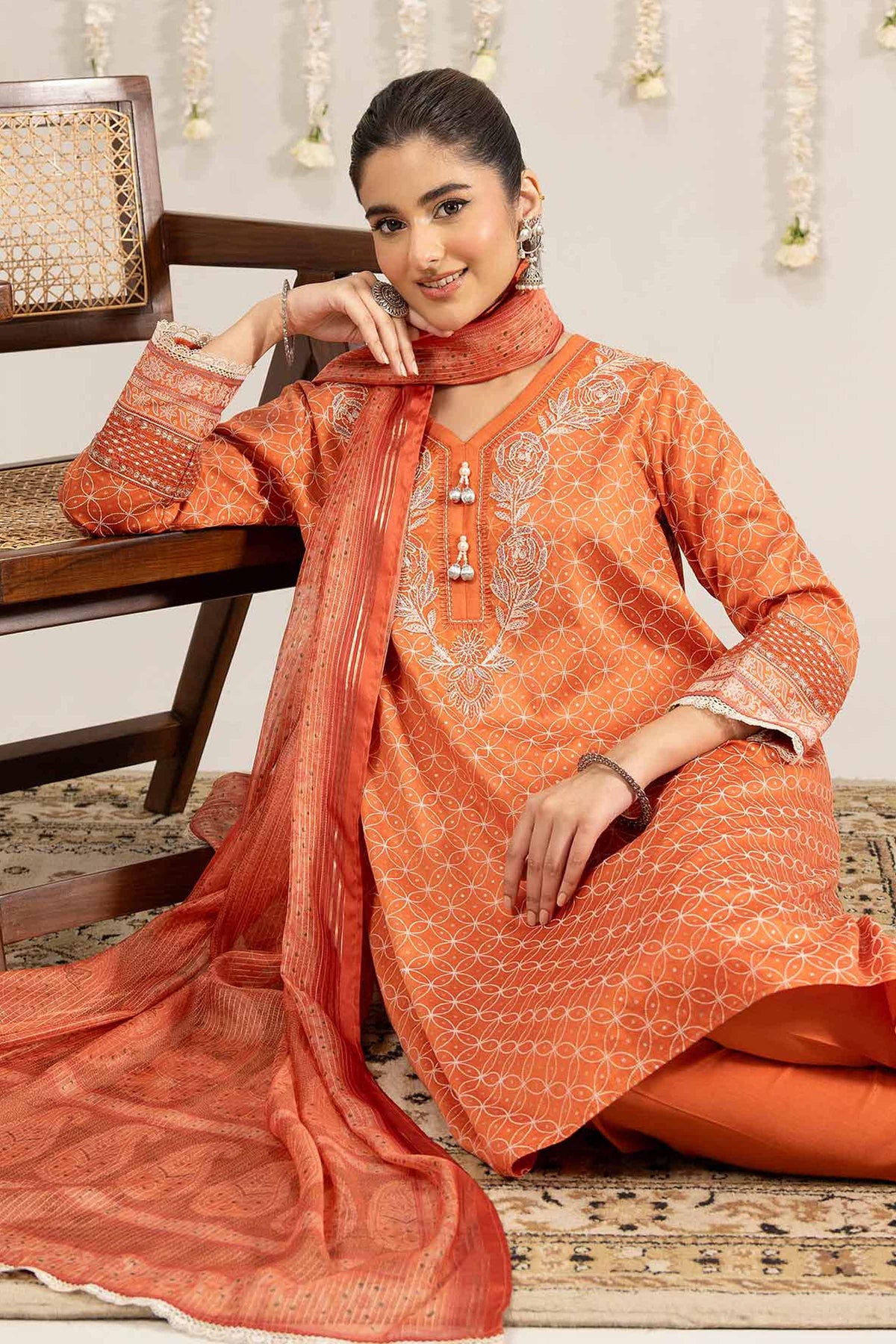 3 Piece - Printed Embroidered Suit - PE25-378 Orange Satin 3PC Embroidered Nishat Australia
