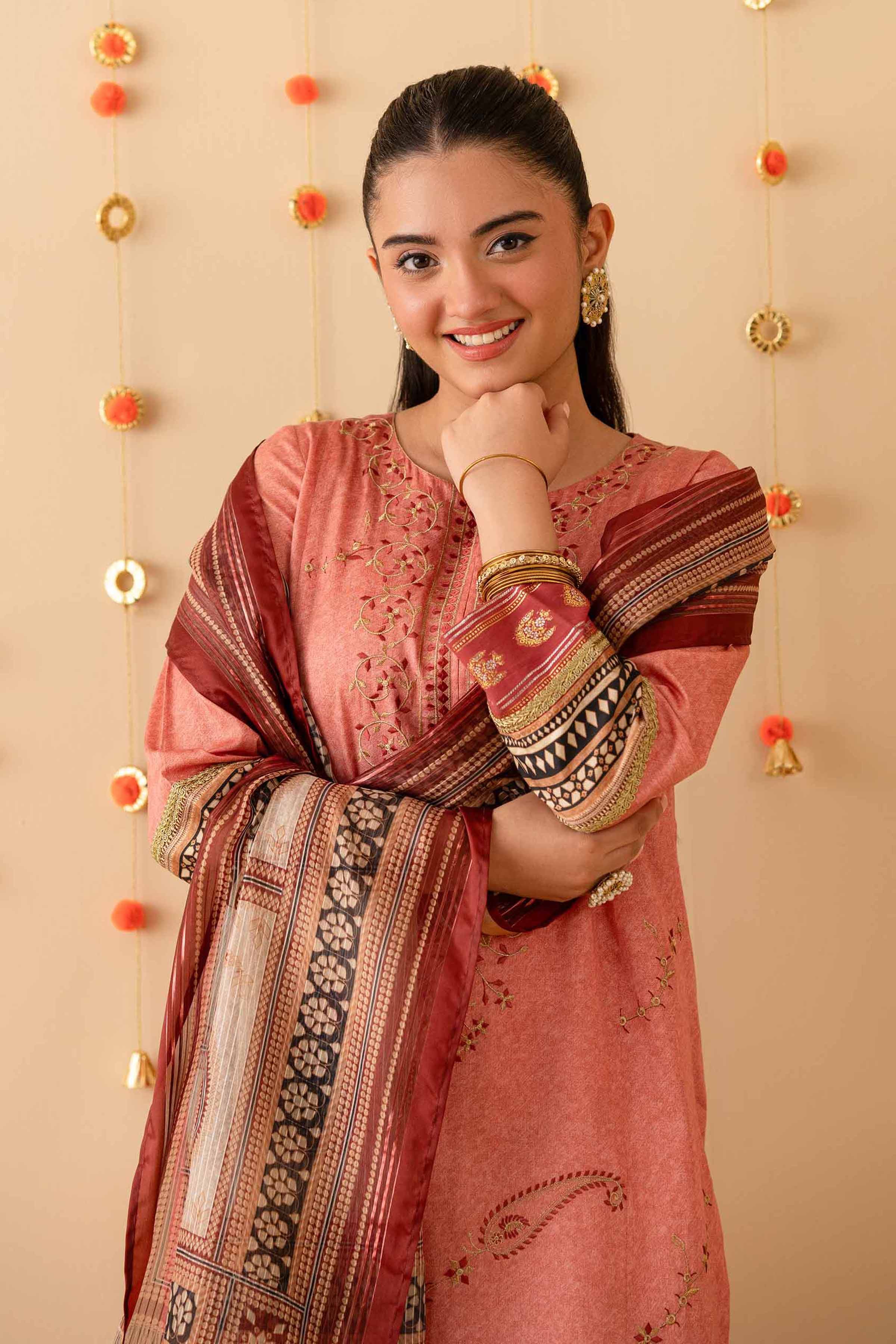 3 Piece - Printed Embroidered Suit - PE25-452 READY TO WEAR Pink Satin 3PC Embroidered