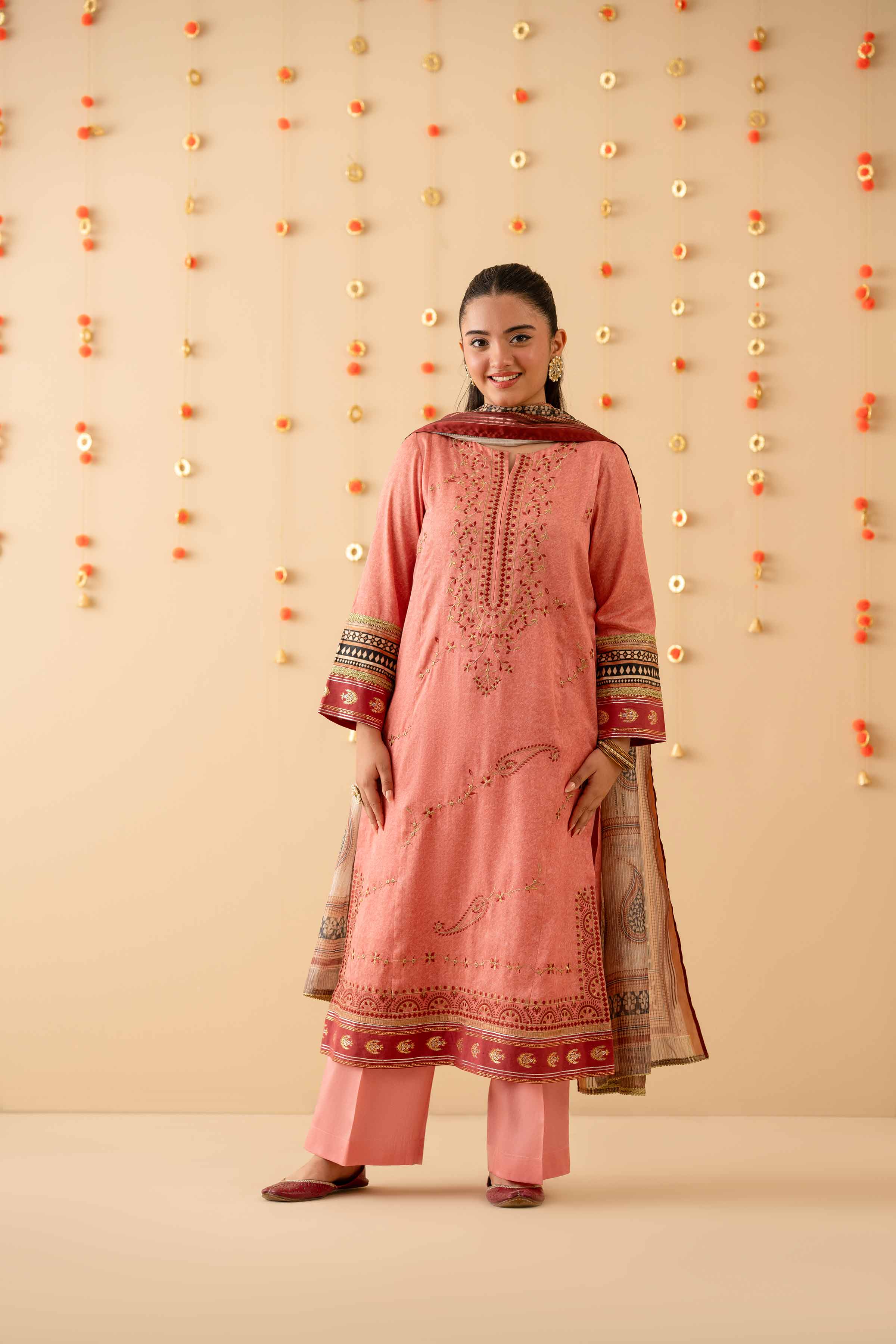 3 Piece - Printed Embroidered Suit - PE25-452 READY TO WEAR Pink Satin 3PC Embroidered