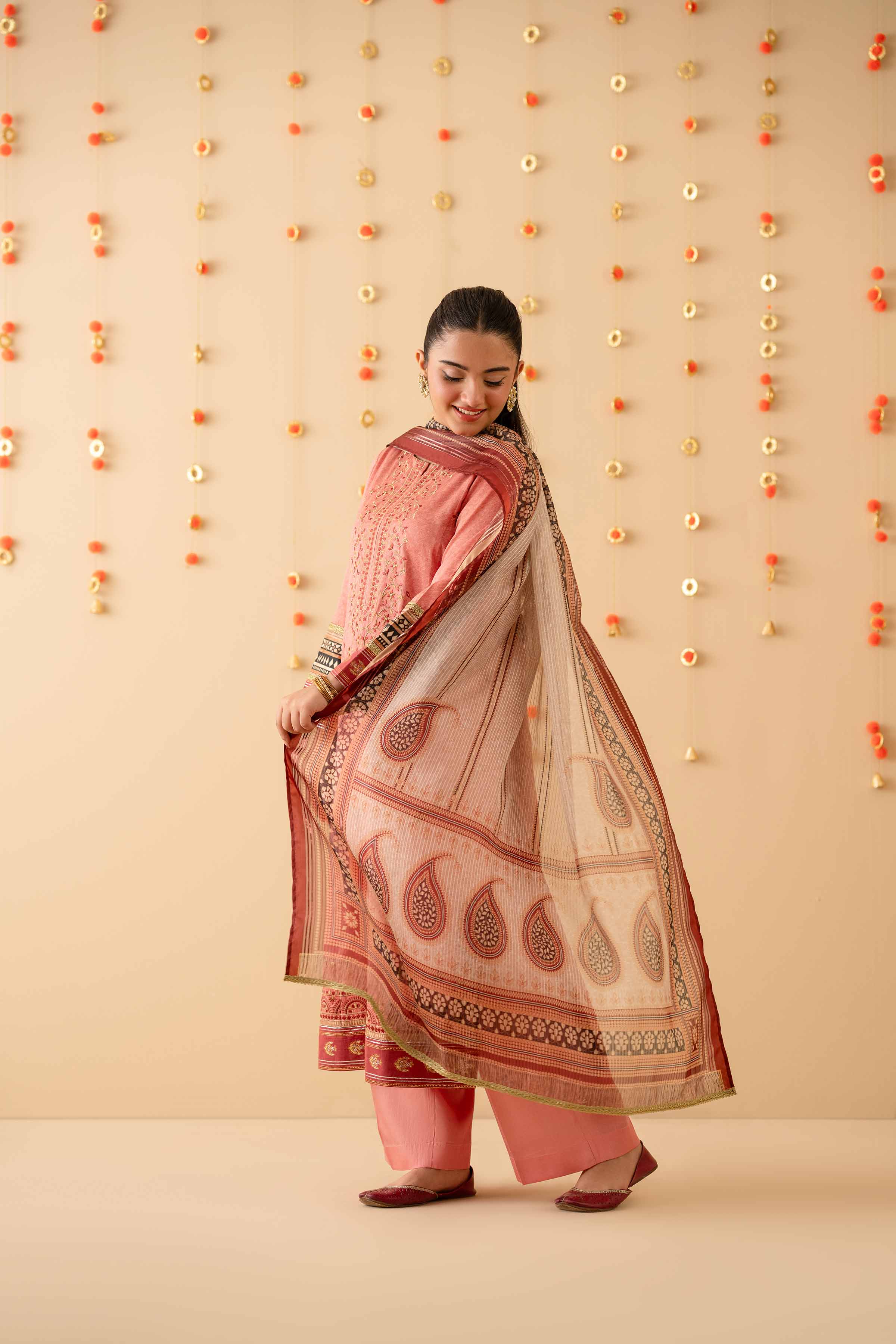 3 Piece - Printed Embroidered Suit - PE25-452 READY TO WEAR Pink Satin 3PC Embroidered