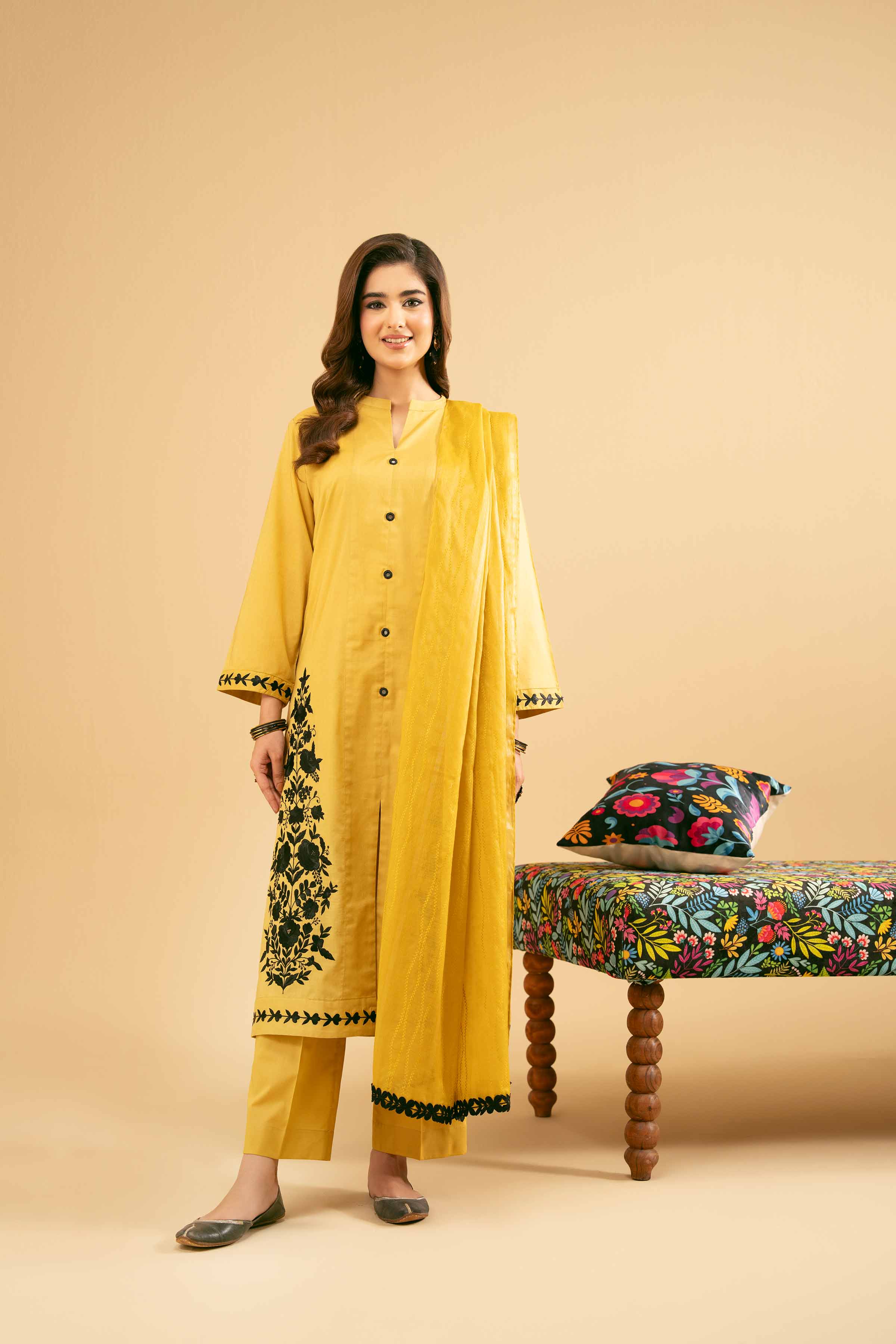 3 Piece - Embroidered Suit - PE25-455 READY TO WEAR Yellow Cambric 3PC Embroidered