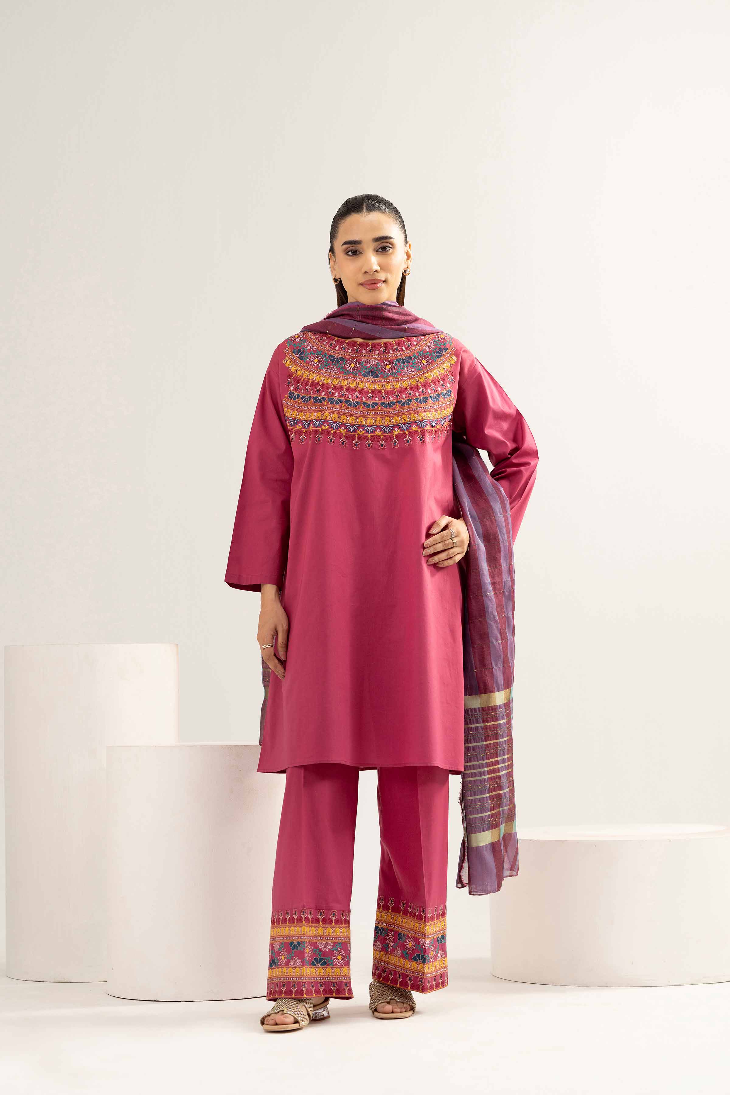3 Piece - Embroidered Suit - PE25-470 READY TO WEAR Pink Cambric 3PC Embroidered