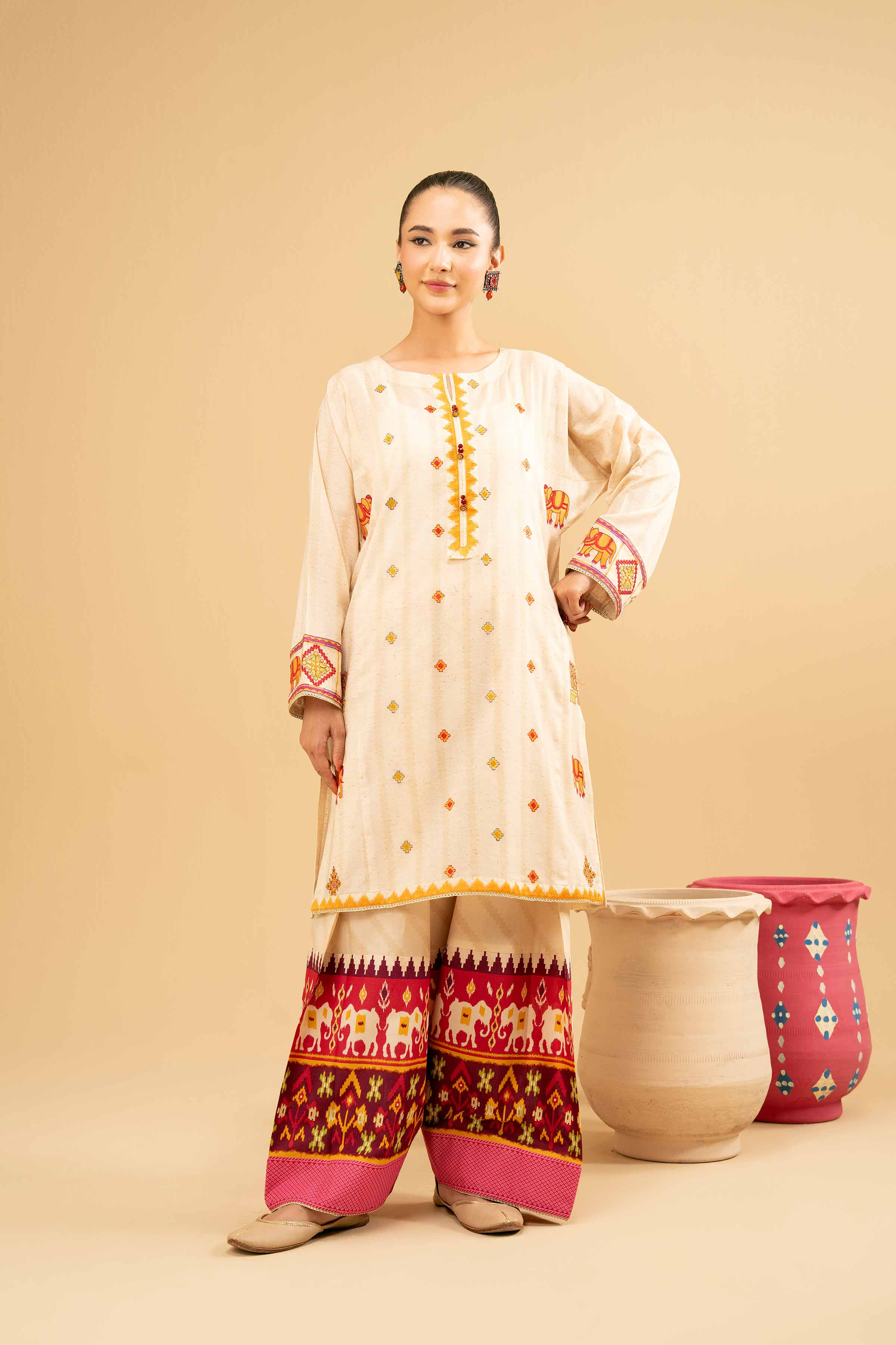 2 Piece - Printed Embroidered Suit - PE25-472 READY TO WEAR White Yarn Dyed 2PC Embroidered