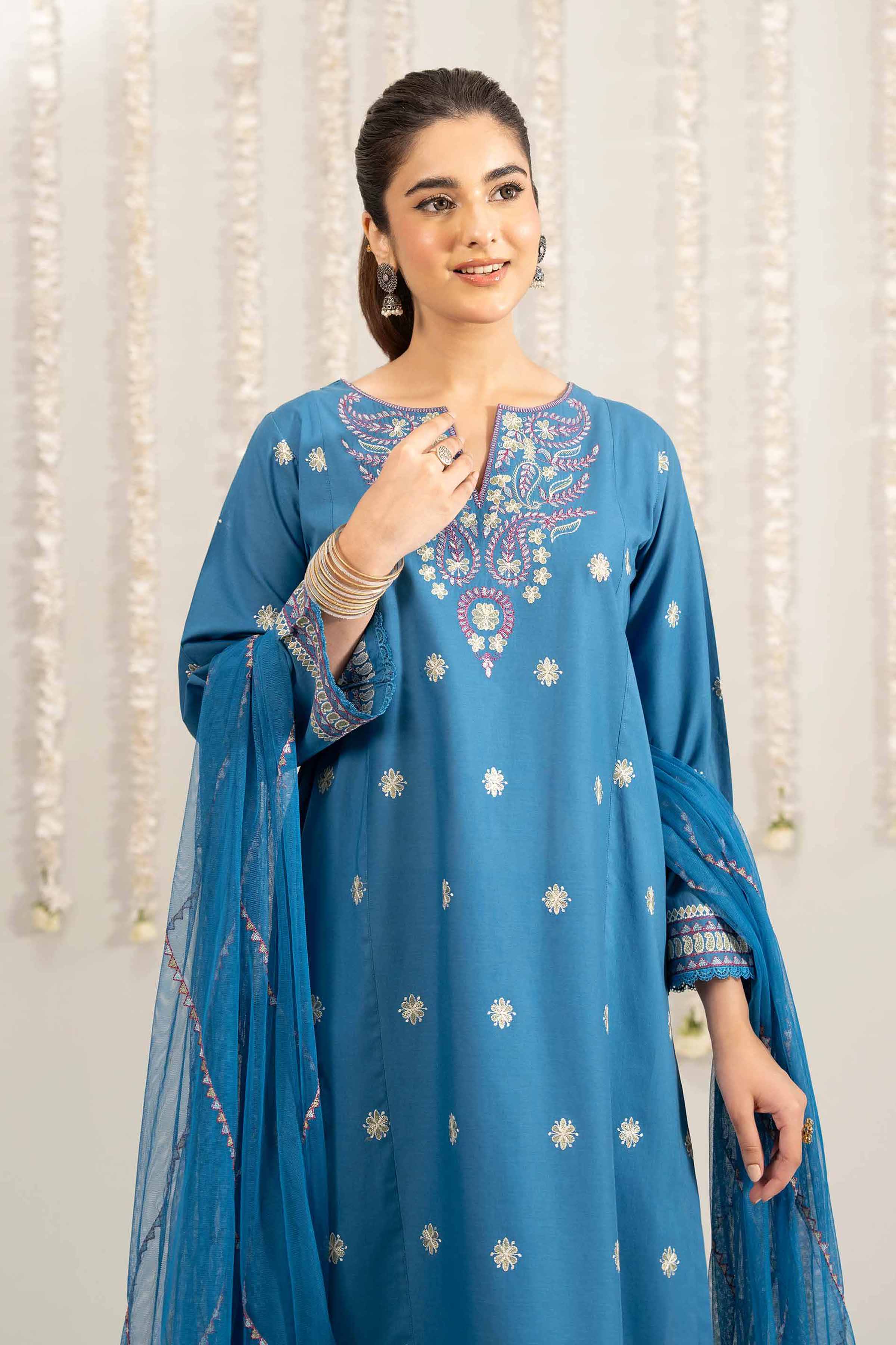 3 Piece - Embroidered Suit - PE25-481 READY TO WEAR Blue Cambric 3PC Embroidered