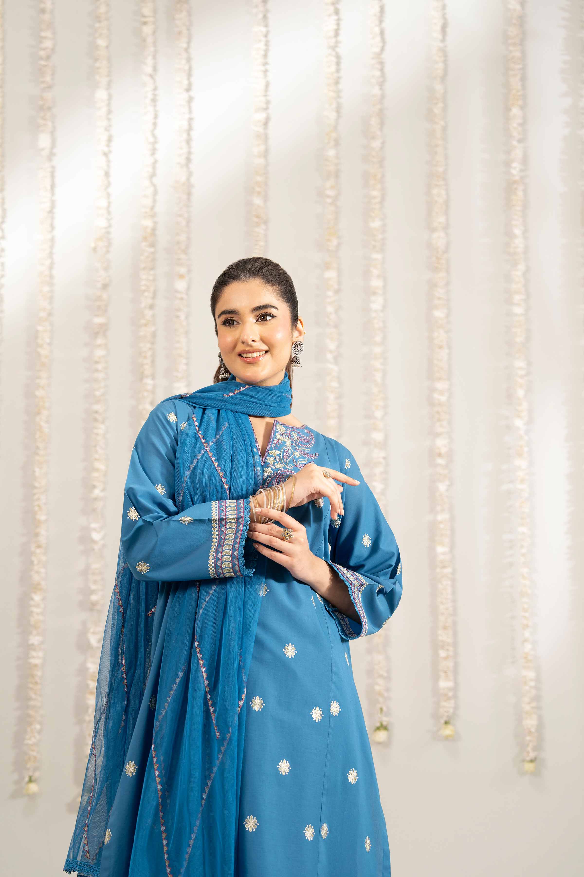 3 Piece - Embroidered Suit - PE25-481 READY TO WEAR Blue Cambric 3PC Embroidered