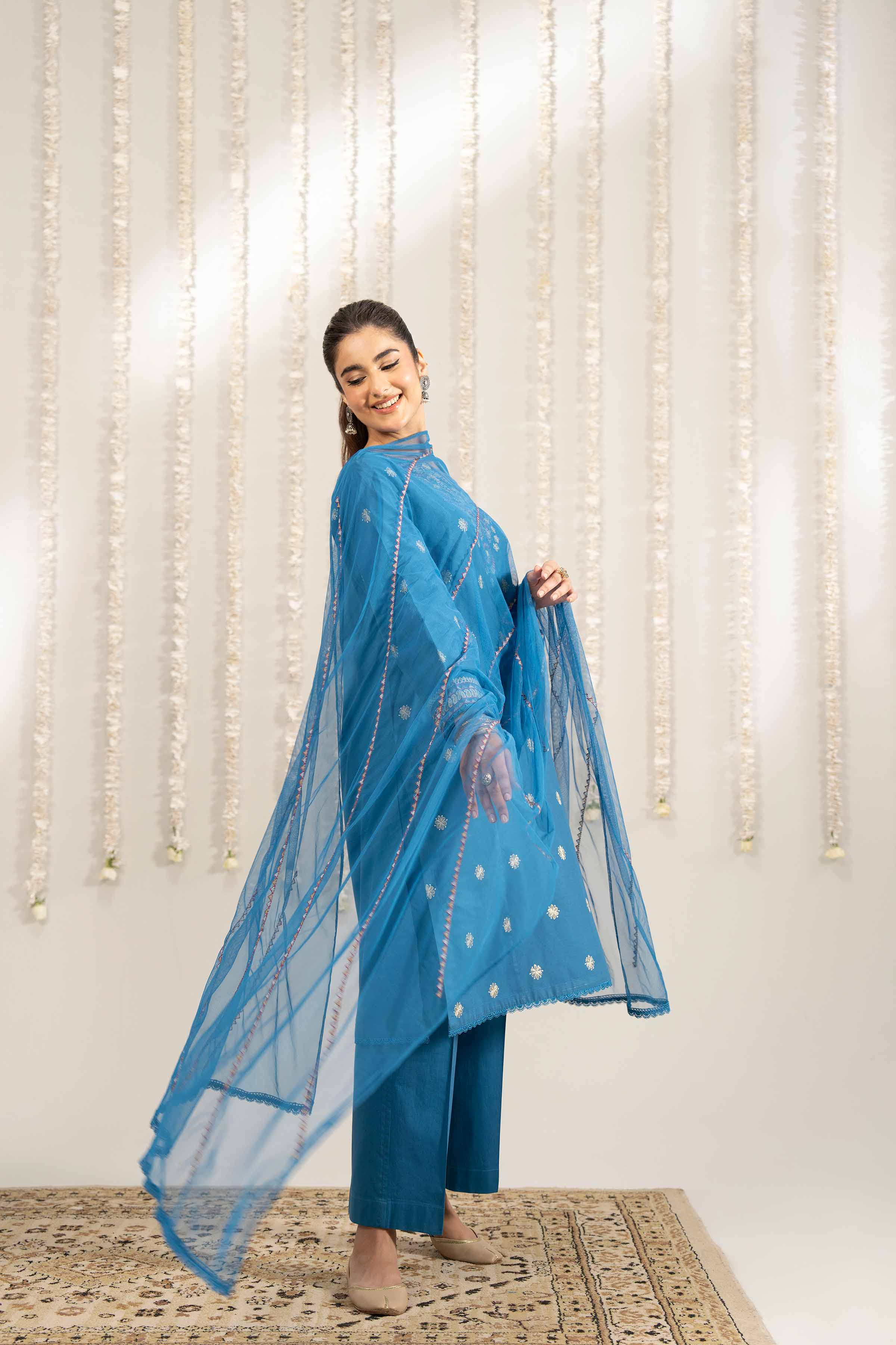 3 Piece - Embroidered Suit - PE25-481 READY TO WEAR Blue Cambric 3PC Embroidered