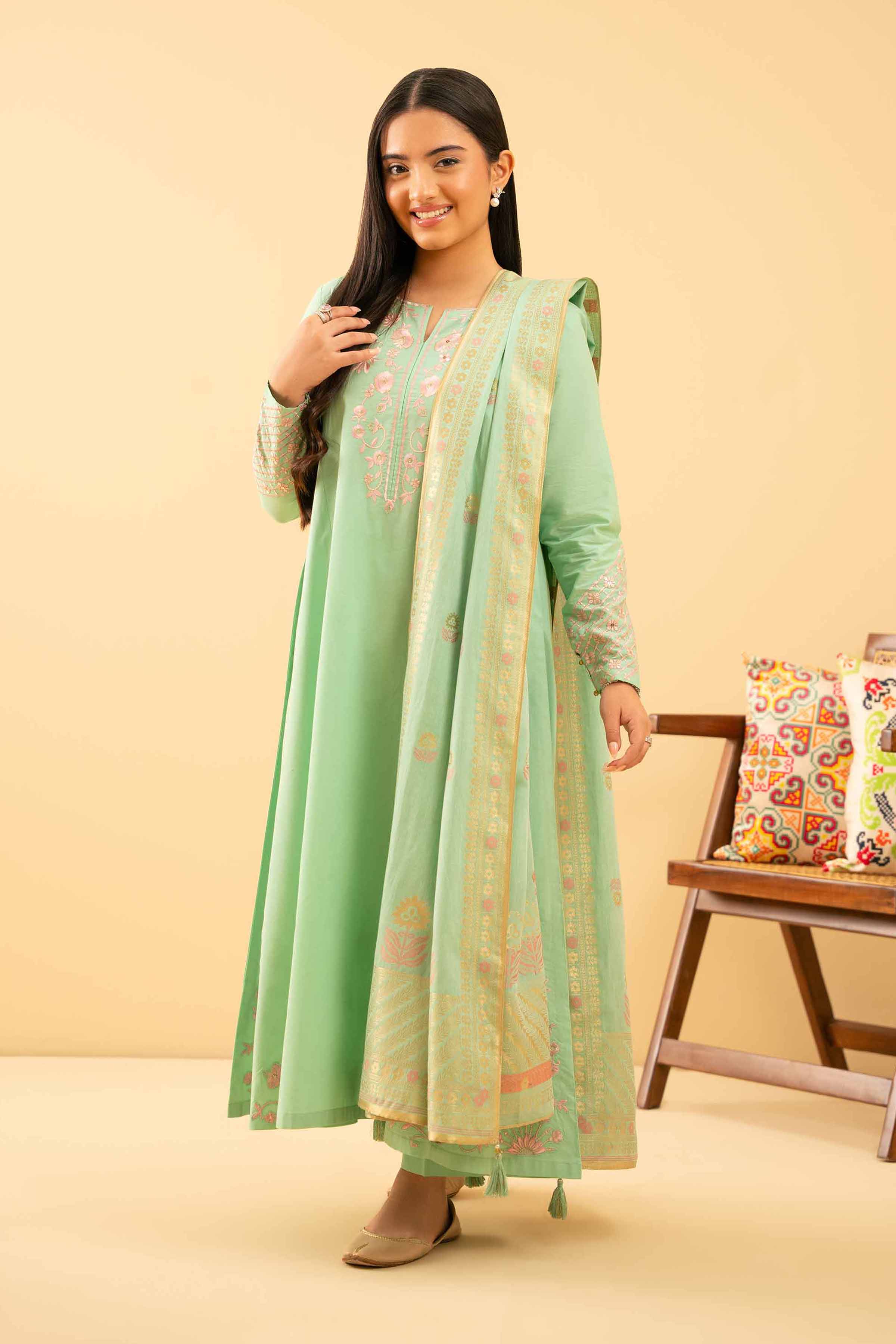 3 Piece - Embroidered Suit - PE25-500 READY TO WEAR Green Cambric 3PC Embroidered