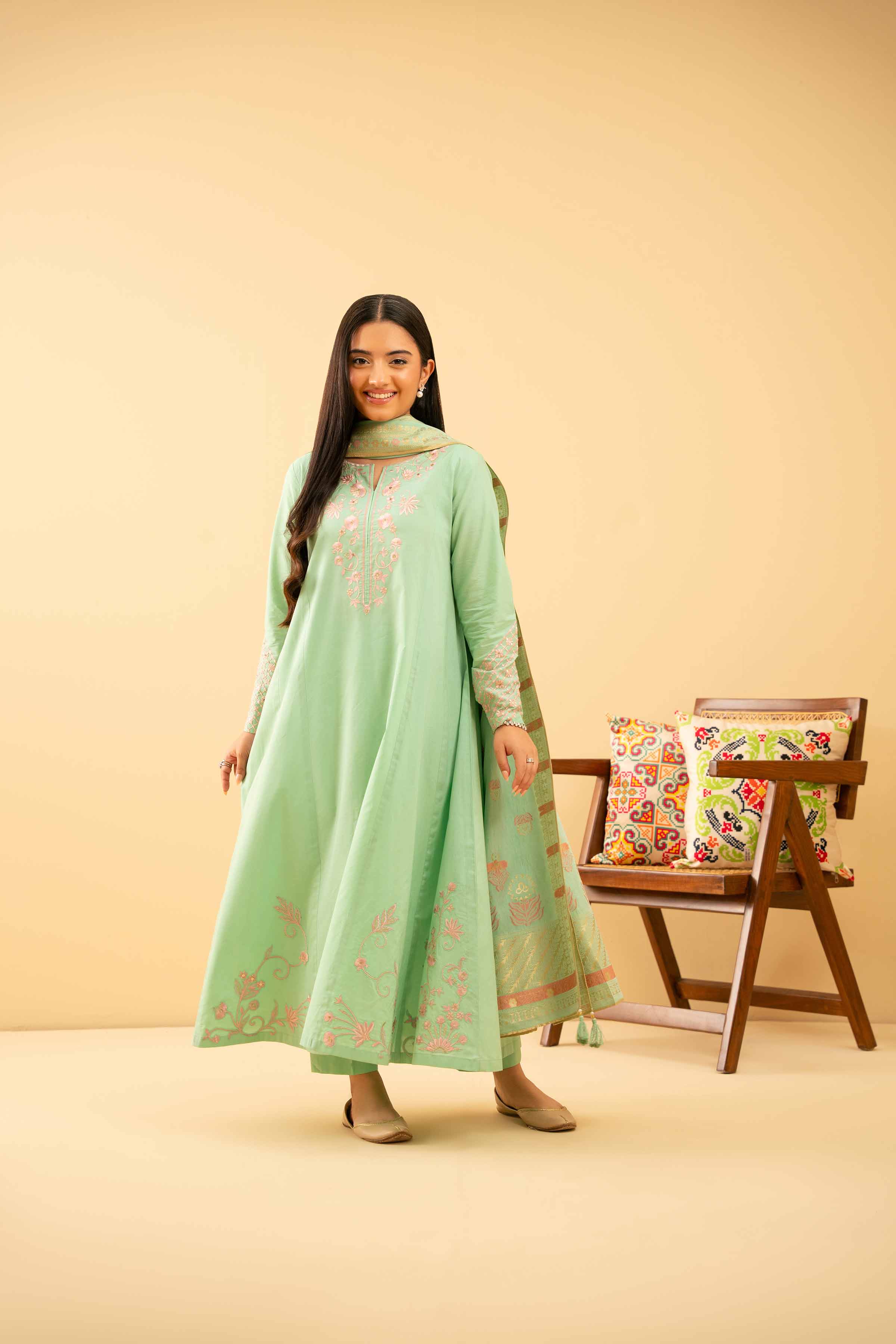 3 Piece - Embroidered Suit - PE25-500 READY TO WEAR Green Cambric 3PC Embroidered