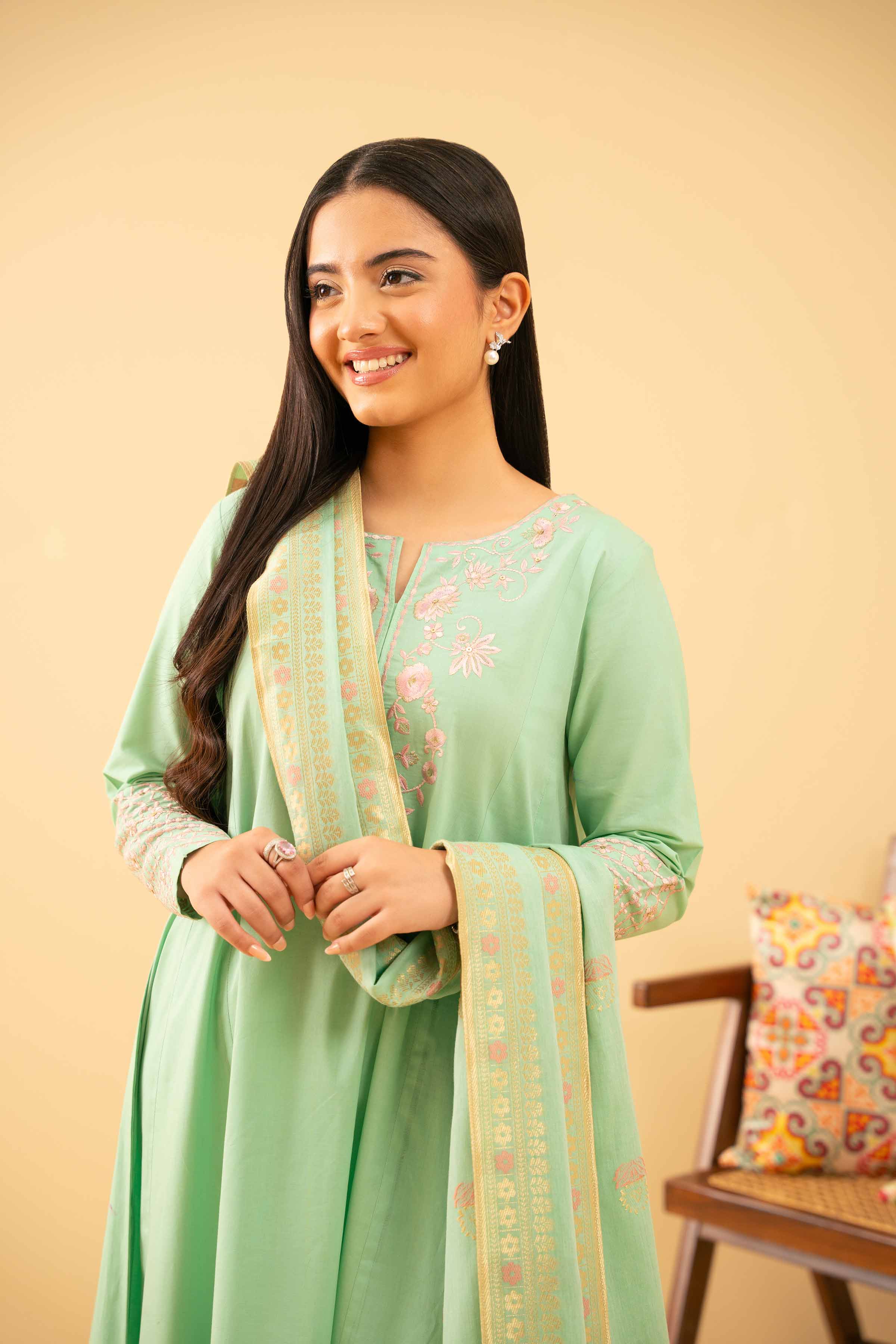 3 Piece - Embroidered Suit - PE25-500 READY TO WEAR Green Cambric 3PC Embroidered