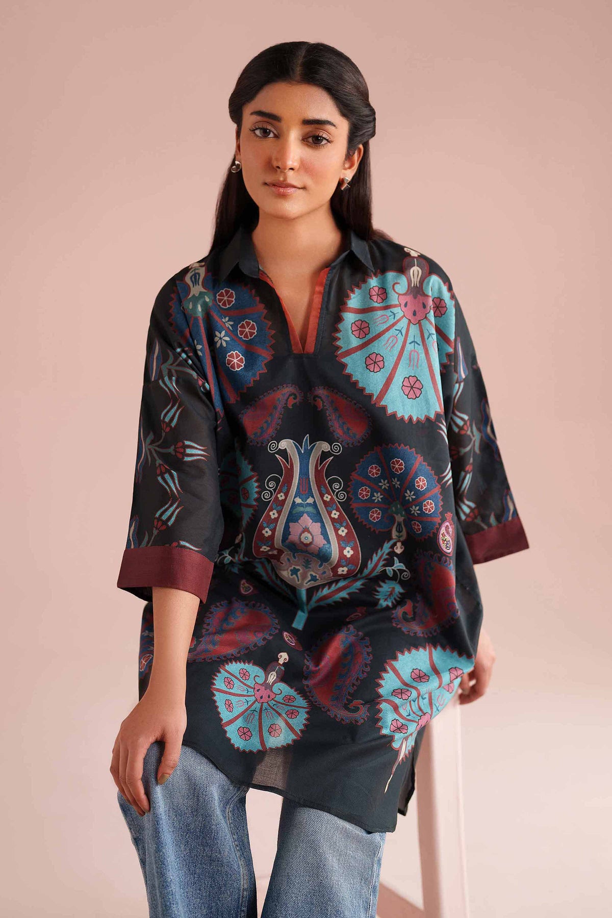 Printed Kimono - PE26-105 Black Lawn 1PC Printed Nishat Australia