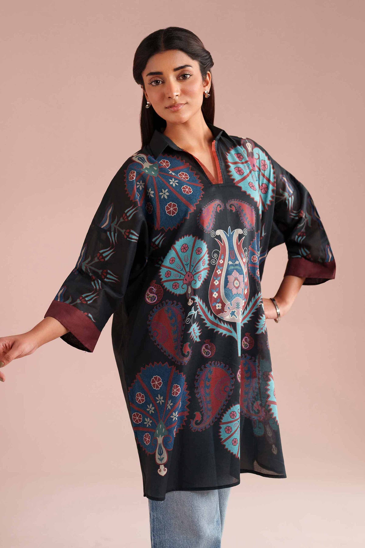 Printed Kimono - PE26-105 Black Lawn 1PC Printed Nishat Australia