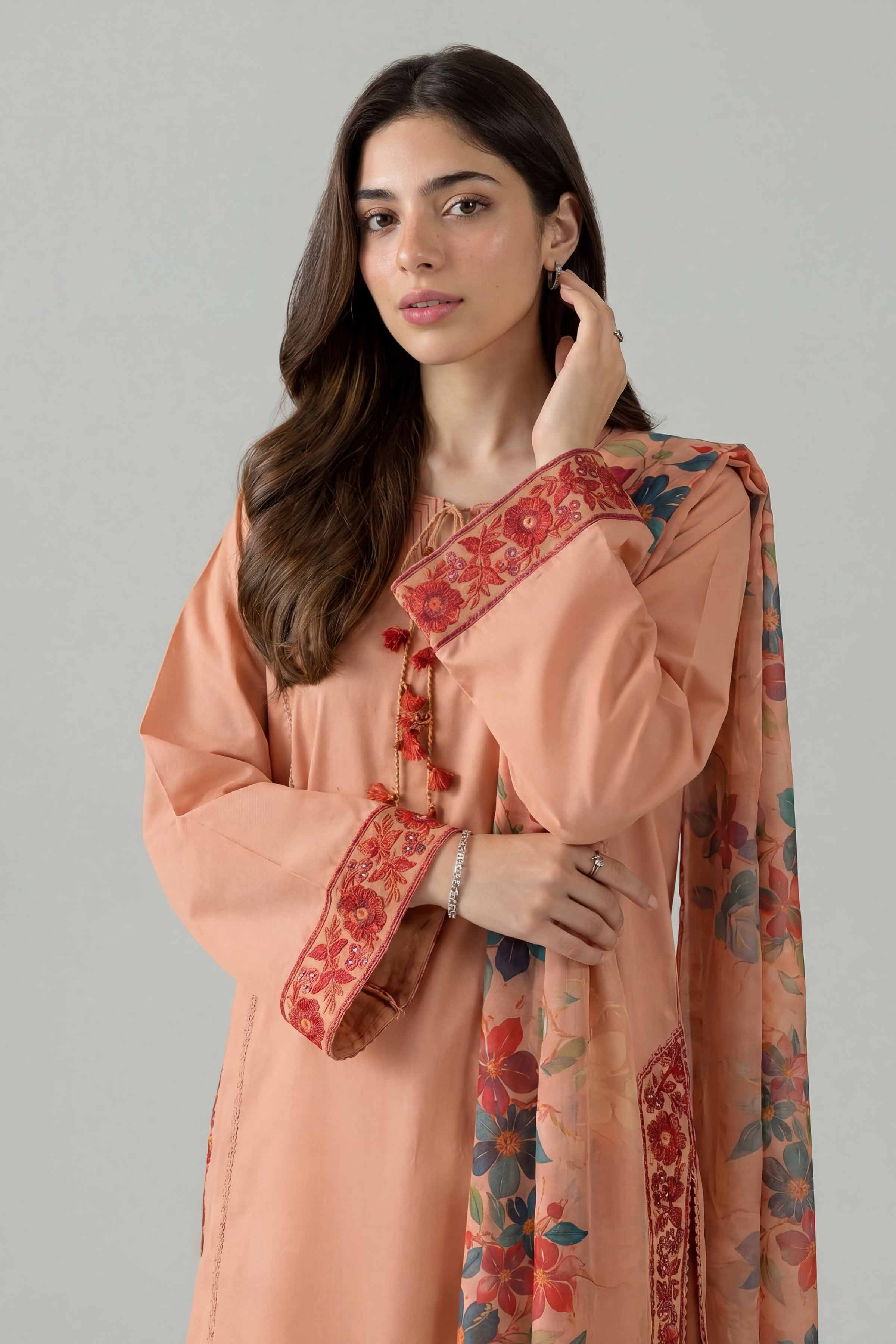 3 Piece - Embroidered Suit - PE26-139 Orange Cambric 3PC Embroidered Nishat Australia