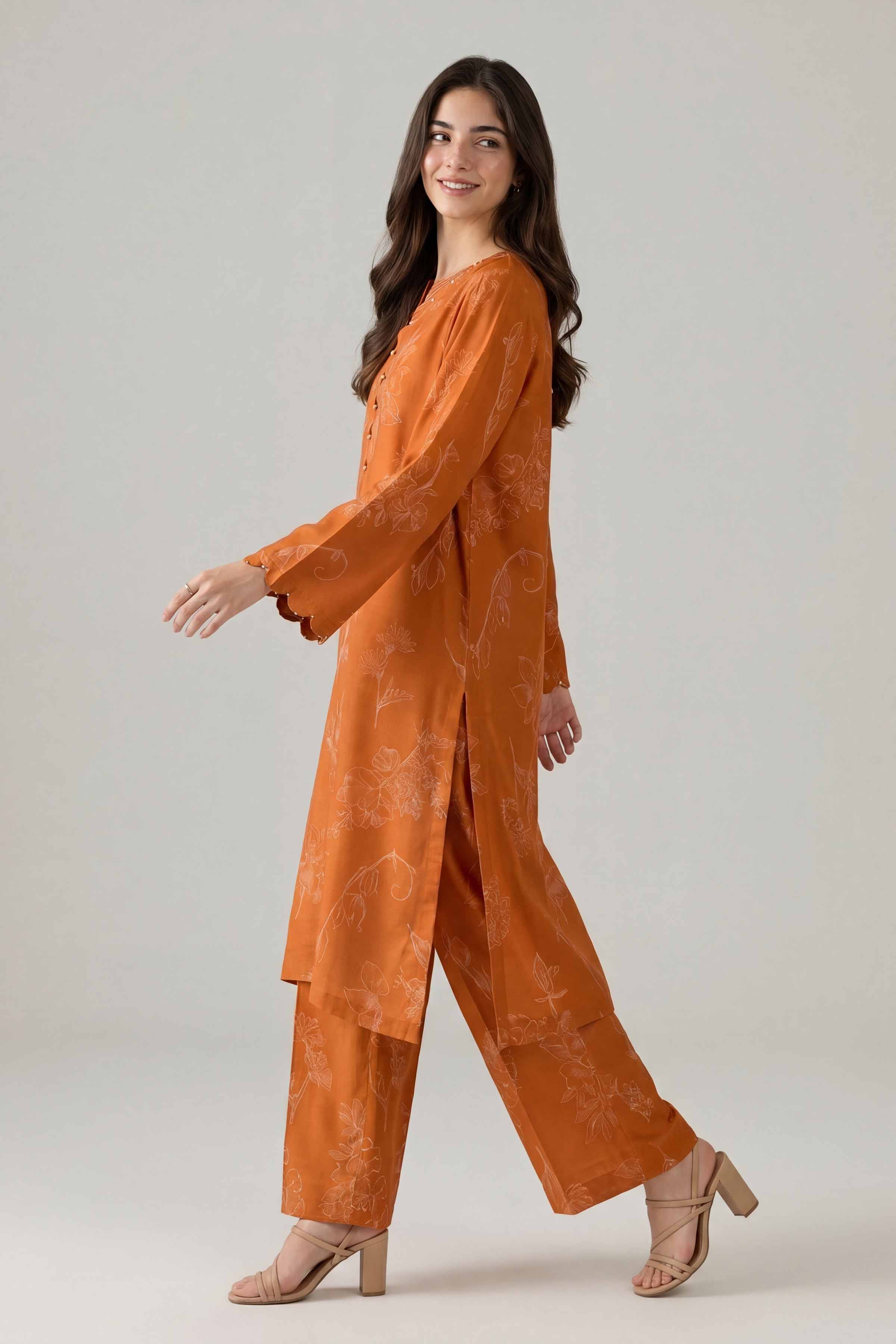 2 Piece - Printed Suit - PE26-157 Orange Silk 2PC Printed Nishat Australia