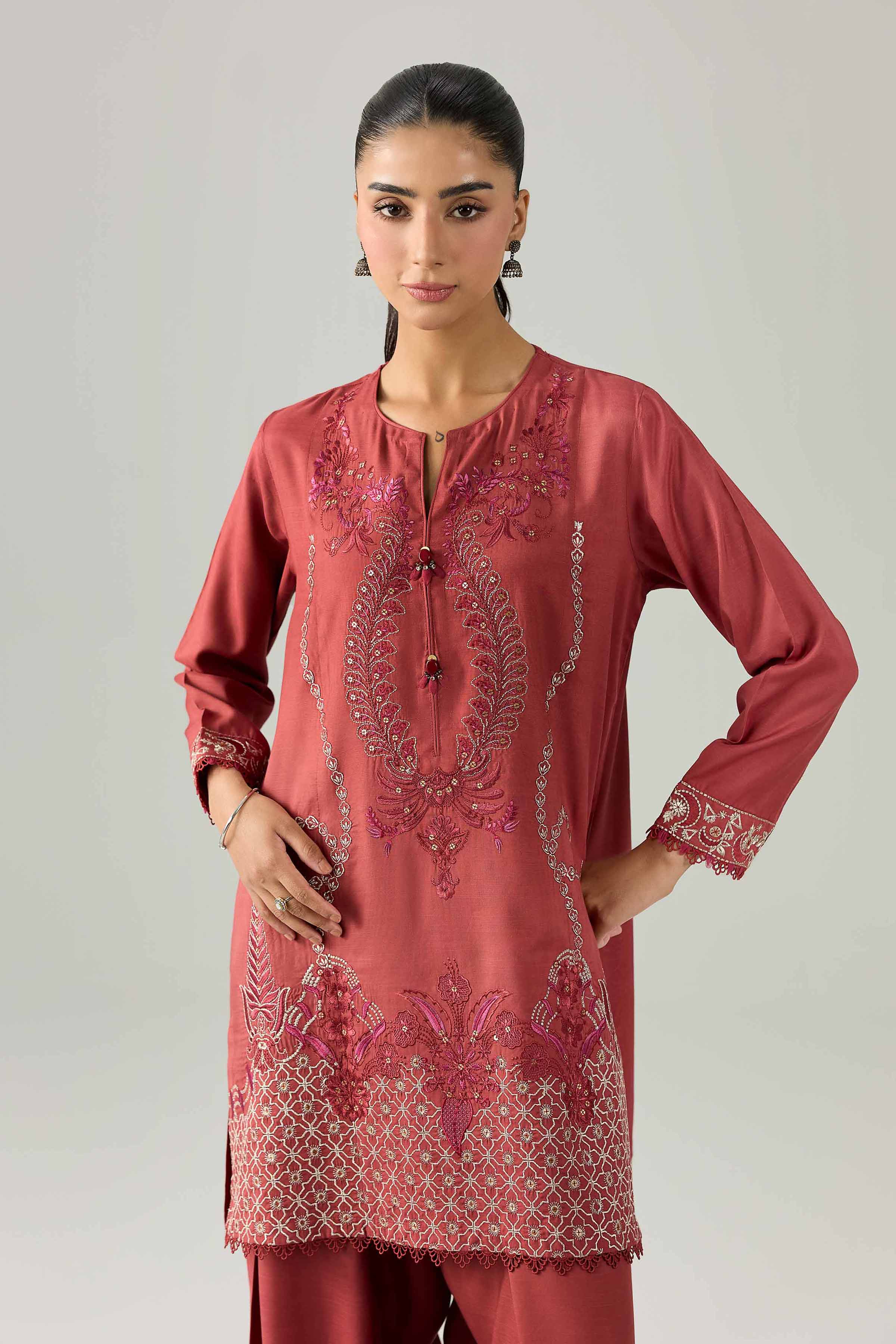 2 Piece - Embroidered Suit - PE26-259 Maroon Silk 2PC Embroidered Nishat Australia