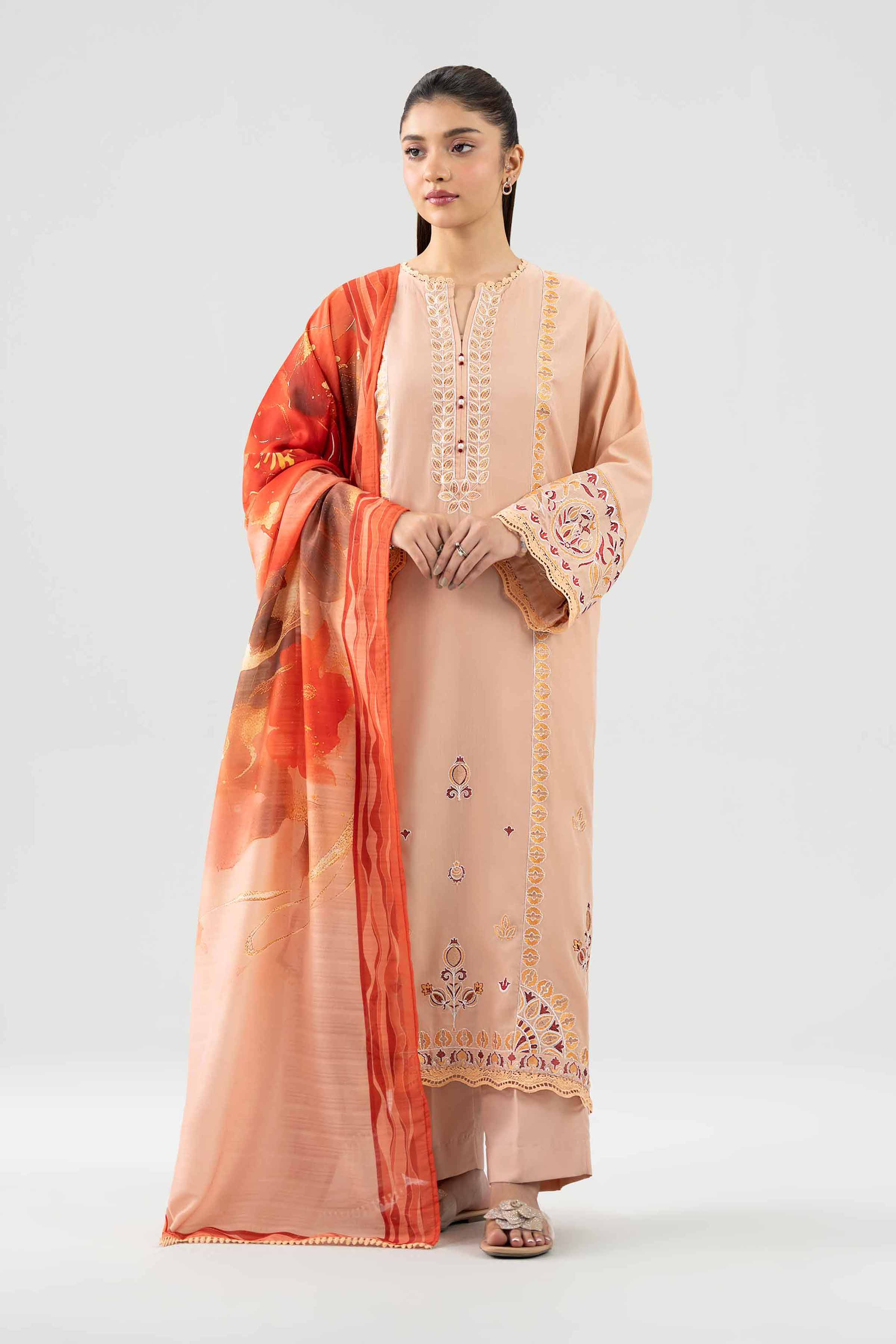 3 Piece - Printed Embroidered Suit - PE26-303 Beige Linen 3PC Embroidered Nishat Australia